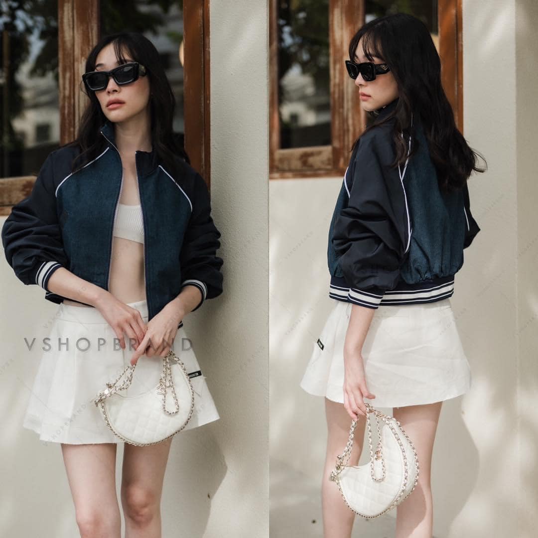 เบสบอลยีนแต่งผ้าร่มแขนกุ้นขอบขาว : สินค้าคุณภาพ (พร้อมส่ง)