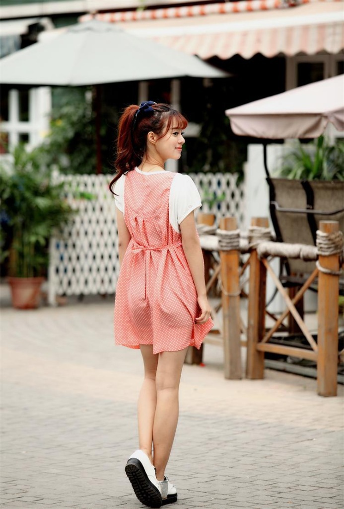 ชุดคลุมท้อง ชุดคุมท้องสวยๆ ชุดคนท้อง ชุดคนท้องสวยๆ เอี้ยมกระโปรงลายจุด สีส้ม ชิคๆ สดใส สไตล์เกาหลี