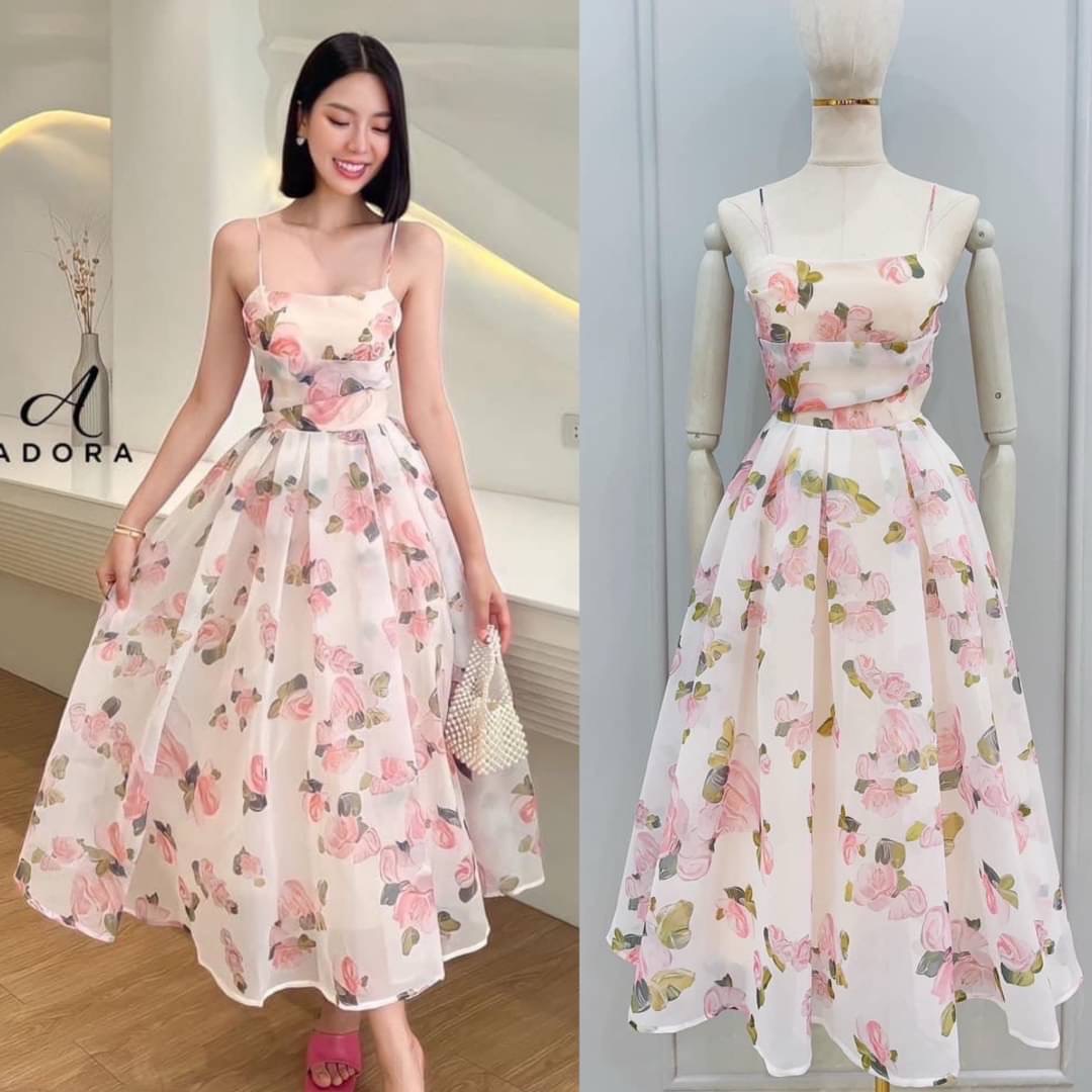 เดรส สายเดี่ยวลายกุหลาบ ผ้าเย็นสบาย มีฟองน้ำในตัว ซิปหลัง มีซับในสามชั้น ใส่สบาย : สินค้าคุณภาพ (พร้อมส่ง)