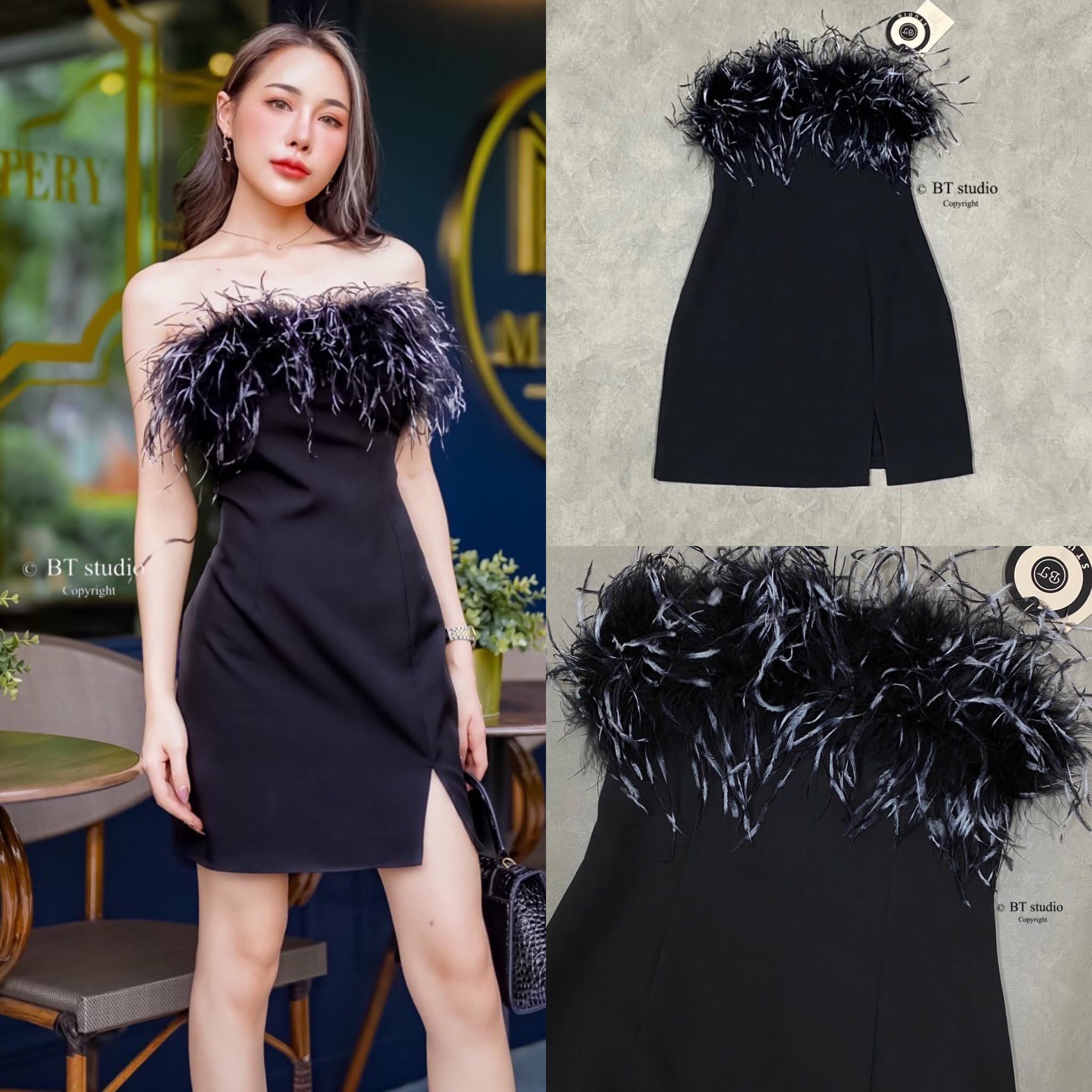 เดรสเกาะอกเน้นบอดี้ ใส่แล้วเข้ารูป สวย เผ็ชชช ดีเทลแต่งขนนกสีขาวแซมขนสีดำ ช่วงอกแต่งขนฟู ๆ สินค้าคุณภาพ (พร้อมส่ง)