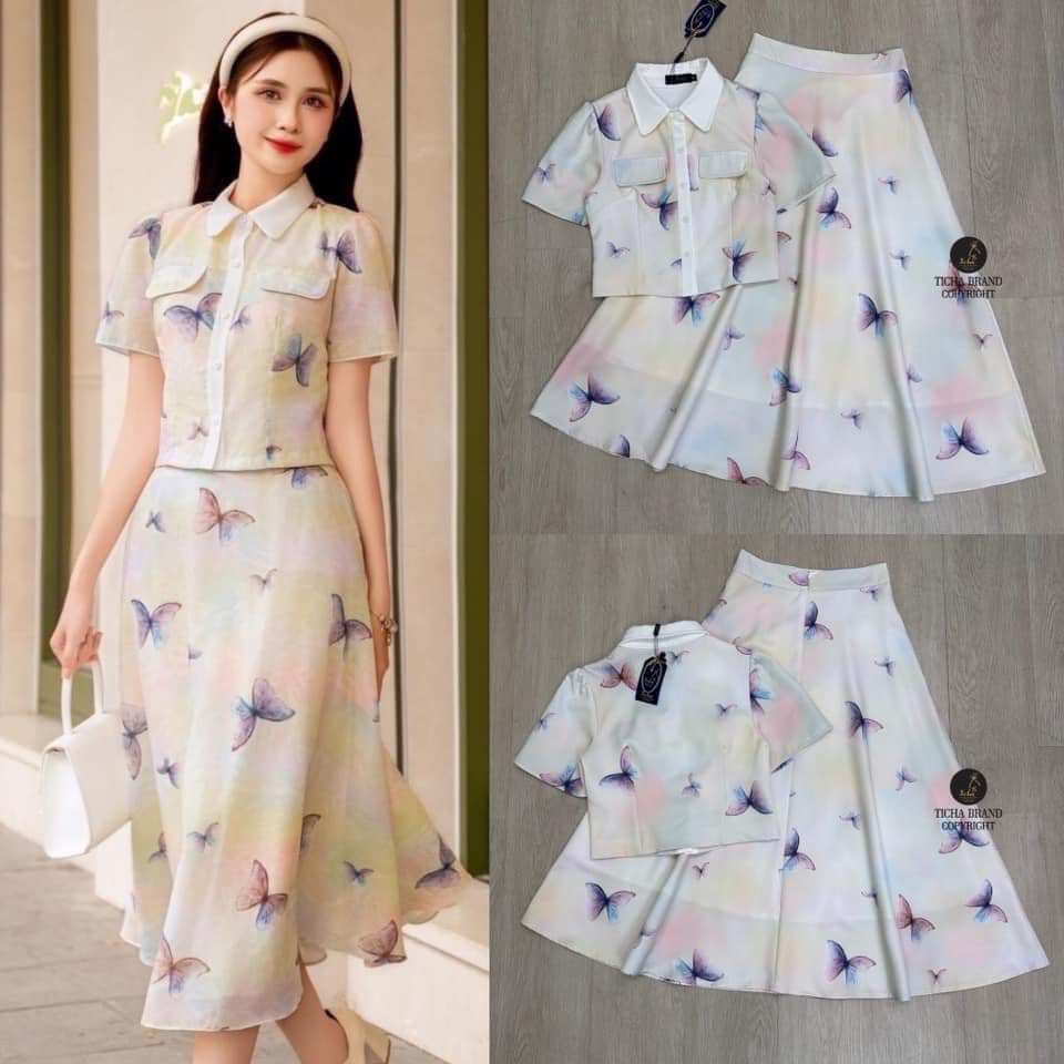 Set 2 ชิ้น เสื้อครอปคอปกแขนสั้น ทรงสวย +กระโปรงยาวทรงย้วยพริ้ว ใส่สบาย สินค้าคุณภาพ (พร้อมส่ง)