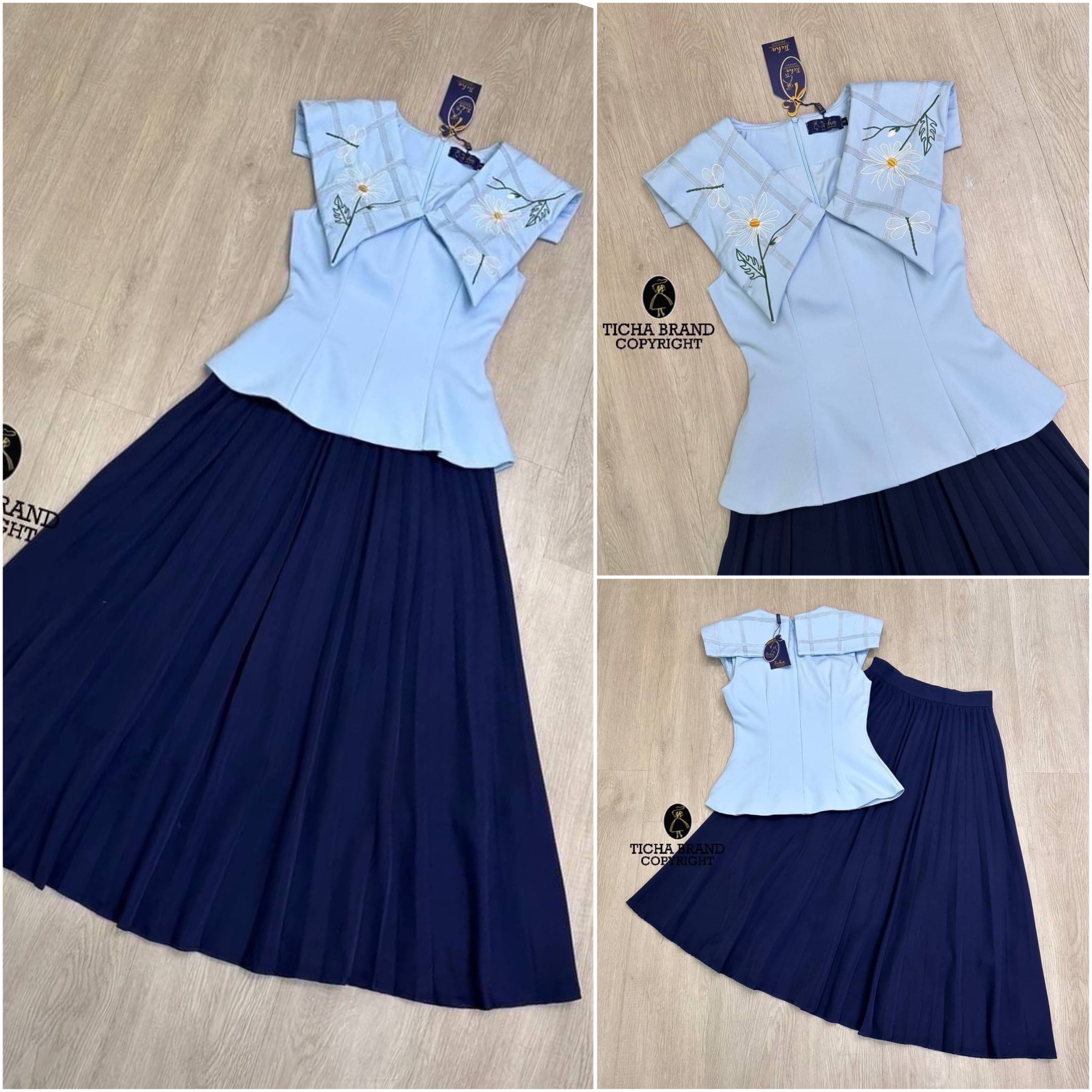 Set 2ชิ้น เสื้อแขนกุดสีฟ้าคอปก อกเย็บเสริมฟองน้ำ มีซิปหลัง ทรงเข้ารูปสวย มาคู่กับกระโปรงสีกรมอัดพรีทคุมเข่า (ซิปข้าง) ใส่สบาย สินค้าคุณภาพ (พร้อมส่ง)