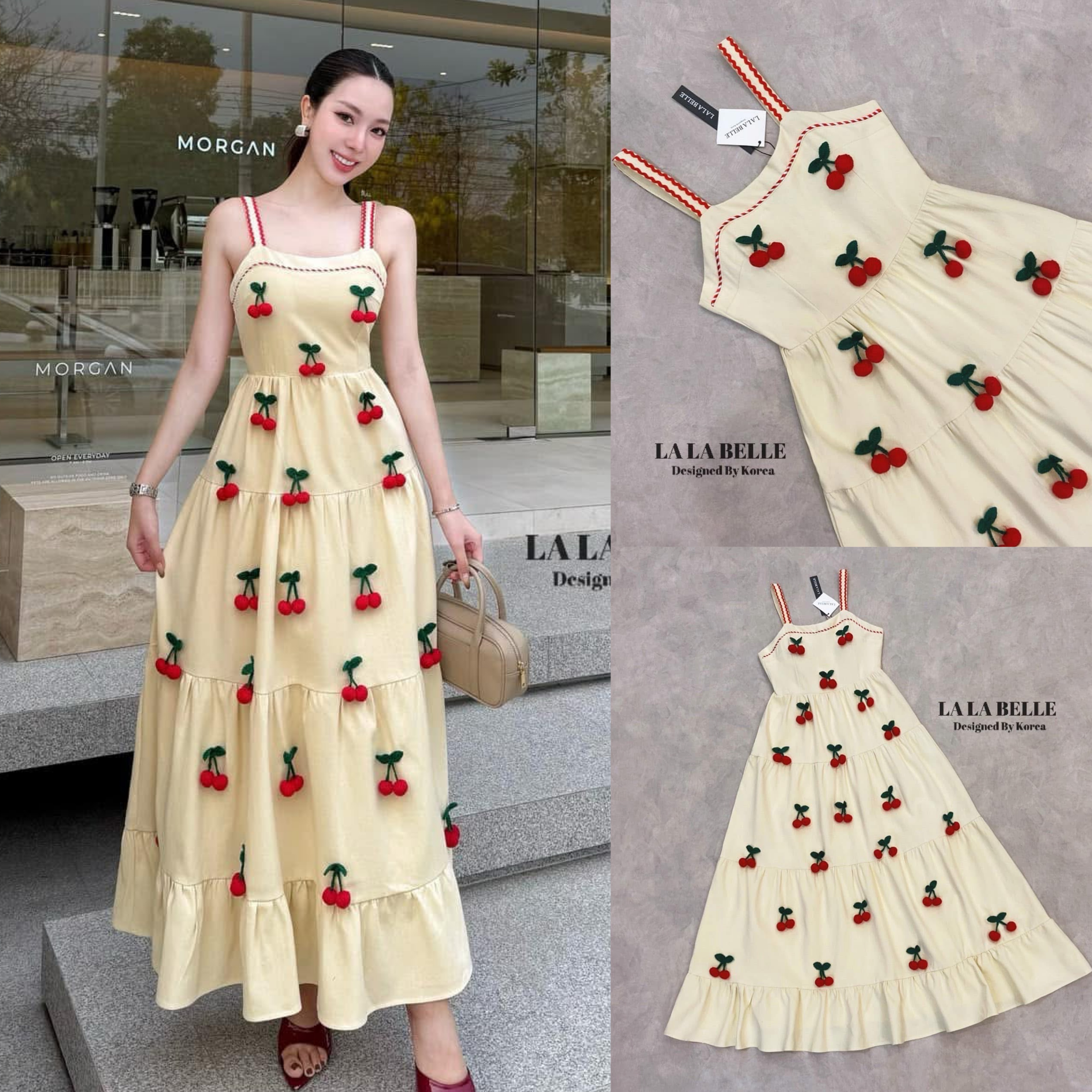 แม็กซี่เดรส ผ้าลินินอัดกาวทั้งชุดทรงสายเดี่ยวอกเสริมฟองน้ำแน่นๆสีโทรครีมเอวเข้ารูปกระโปรงระบายชั้นแต่งขอบสายและช่วงอกด้วยขอบสีแดงมาพร้อมแต่งเชอร์รี่ถักสามดีทั้งชุดเย็บแน่นๆมีซับในอัดกาวอย่างดี ใส่สบาย : สินค้าคุณภาพ (พร้อมส่ง)