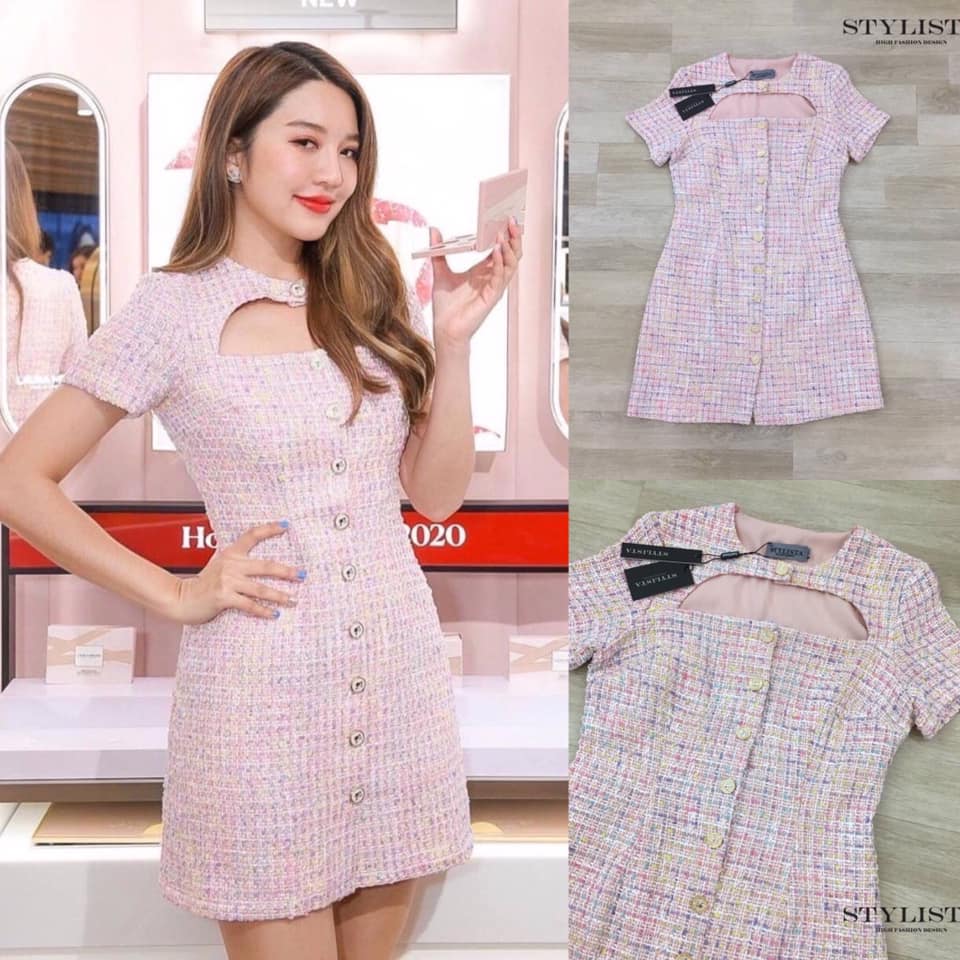 มินิเดรสผ้าทวิตสุดหรู เปิดเว้าช่วงอก กระดุมด้านหน้าใส่สวยสุดเรียบหรูดูแพง คัตติ้งสวยเปะ สินค้าคุณภาพ (พร้อมส่ง)