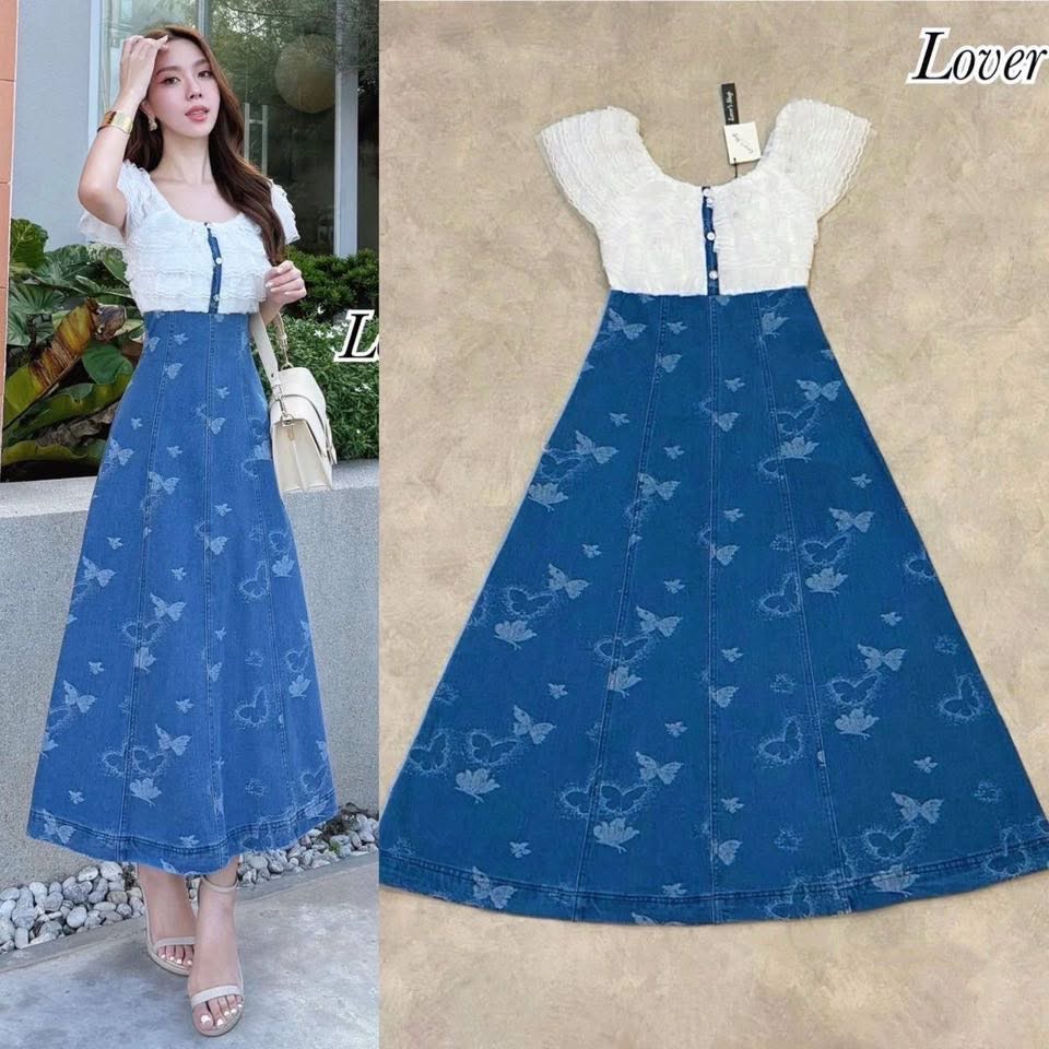 เดรสยีนส์เสื้อลูกไม้ ทรงน่ารักใส่สวย ดีเทลช่วงเสื้อใช้ผ้าลูกไม้เย็บระบายแต่งกระดุมเพชร เนื้อผ้าลูกไม้นุ่มไม่คันนะคะ อกไม่มีฟองน้ำ กระโปรงทรงเจ้าหญิงเย็บตะเข็บหน้า ใส่สบาย : สินค้าคุณภาพ (พร้อมส่ง)