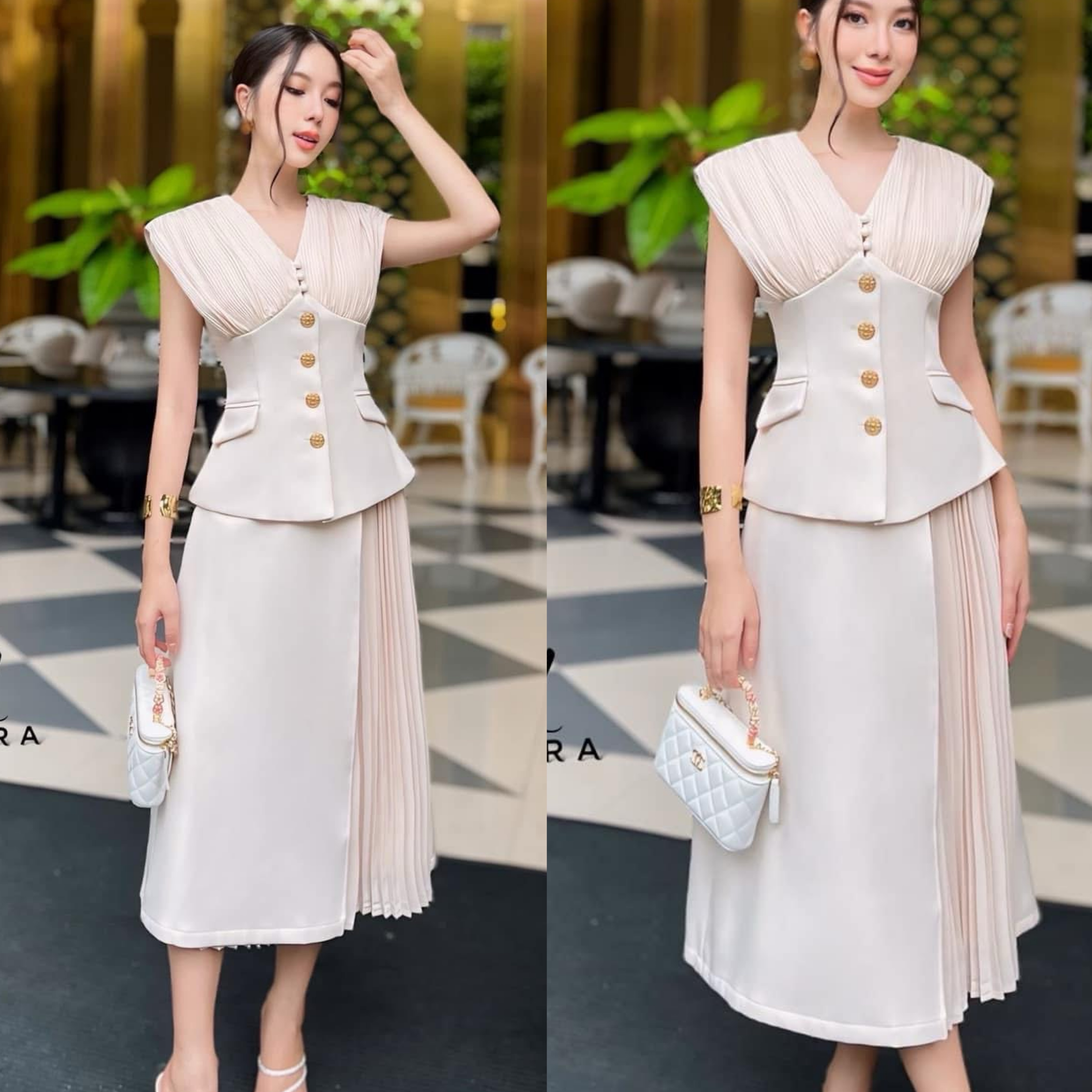 Set เสื้อคอวี +กระโปรงทรงเอ ตัดต่ออัดพลีท ใส่สบาย : สินค้าคุณภาพ (พร้อมส่ง)