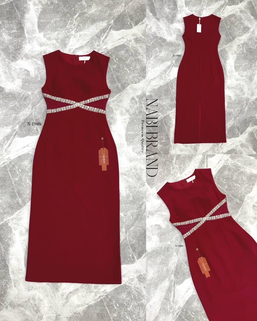 เดรสยาวแขนกุดสีแดงไวน์ หรูหรารับเทศกาลแดงฉ่ำ แต่งซีทรู และเพชรไขว้ที่เอว เดรสผ่าหลัง ใส่สบาย : สินค้าคุณภาพ (พร้อมส่ง)