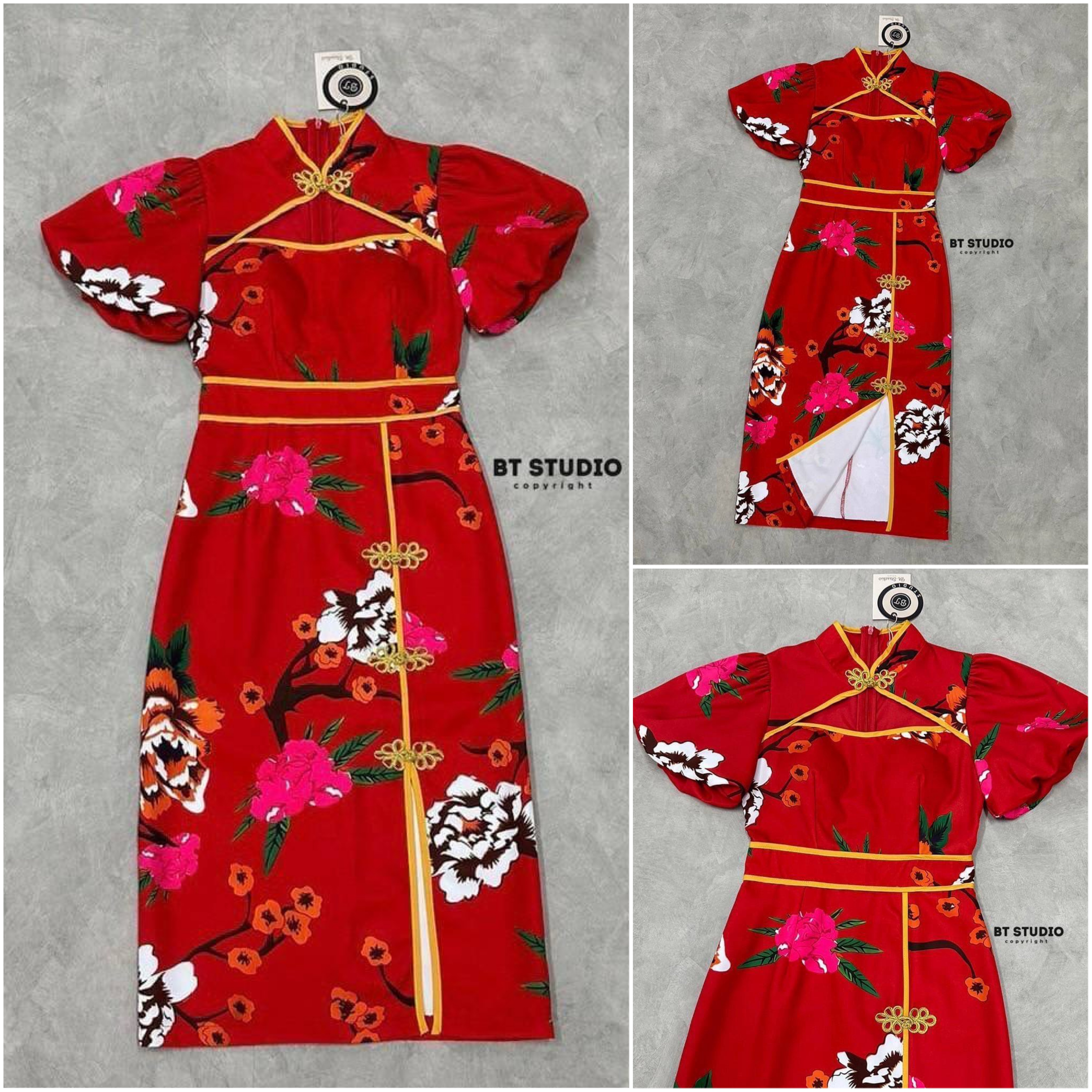 เดรสกี่เพ้าคอจีนเว้าบนเนินอกเล็ก น้อย แต่งแขนสั้นพองๆ นิสแต่งกุ้นขอบและ กระดุมจีนสีทองผ่าหน้า ใส่สบาย สินค้าคุณภาพ (พร้อมส่ง)