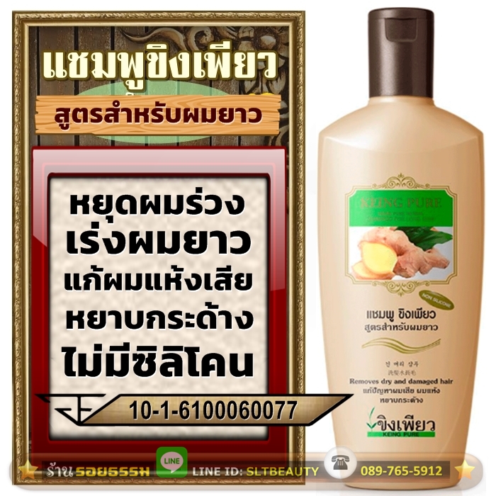 (โปร ซื้อ 1 แถม 1) แชมพูขิงเพียว สูตรสำหรับผมยาว (ขิงเพียว) บรรจุ 300 มล. ►เร่งผมยาวได้จริง ทำจากขิงแท้ๆ ซึ่งมีสารอาหารสำคัญ เช่น วิตามินบี อี ธาตุเหล็ก สังกะสี บำรุงให้หนังศีรษะแข็งแรง ทำให้มีออกซิเจนไหลเวียนไปเลี้ยงรากผม ป้องกันผมหลุดร่วง ผมมีน้ำหนัก กร