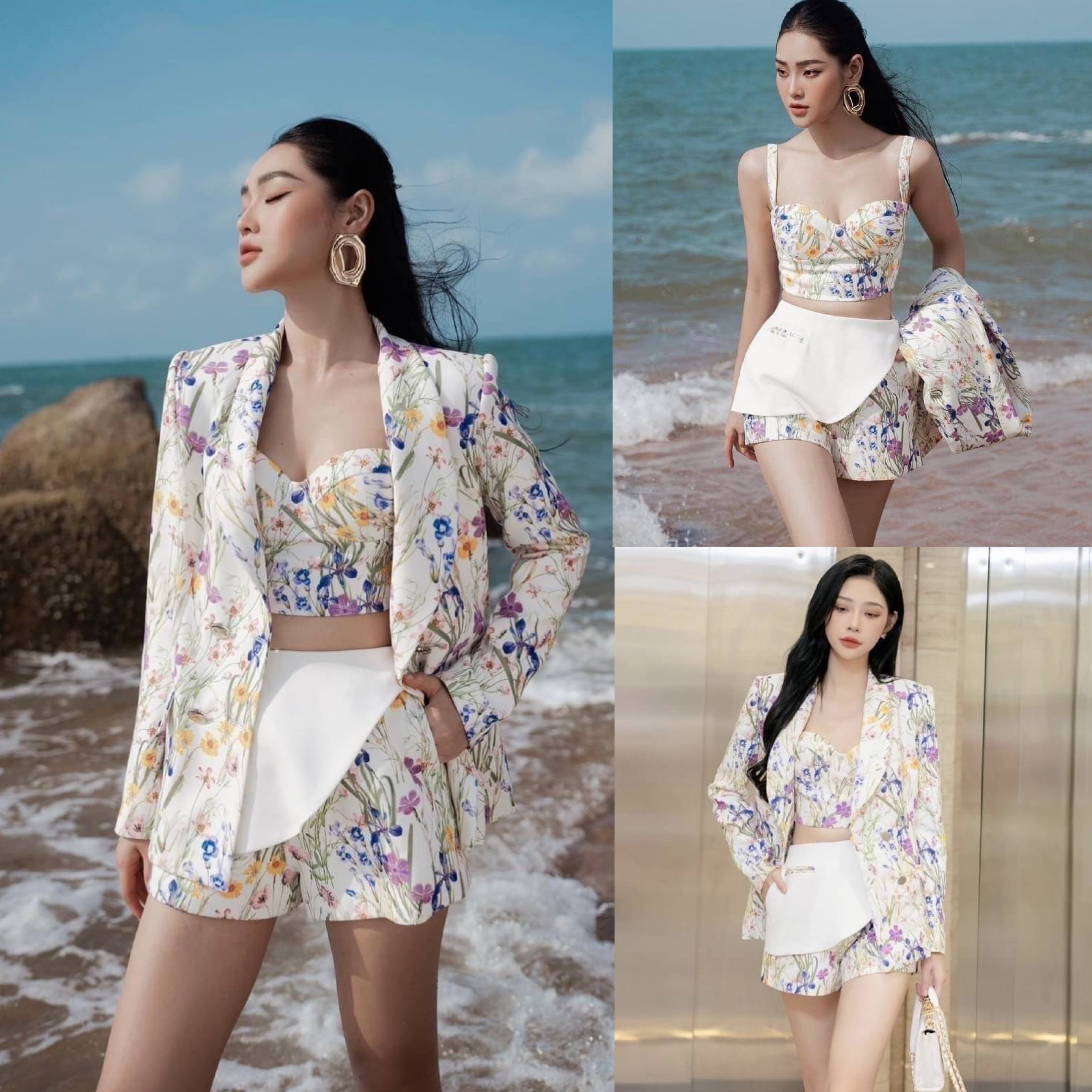 Setสูท3ชิ้นพิมพ์ลายดอกไม้สีสัน เสื้อคลุมสูทแขนยาวคอปกไหล่เย็บเสริม +เสื้อครอปตัวสั้นสายเดี่ยวอกเย็บเสริมฟองน้ำ มาคู่กางเกงขาสั้นพิมพ์ลายเดียวกัน สินค้าคุณภาพ (พร้อมส่ง)