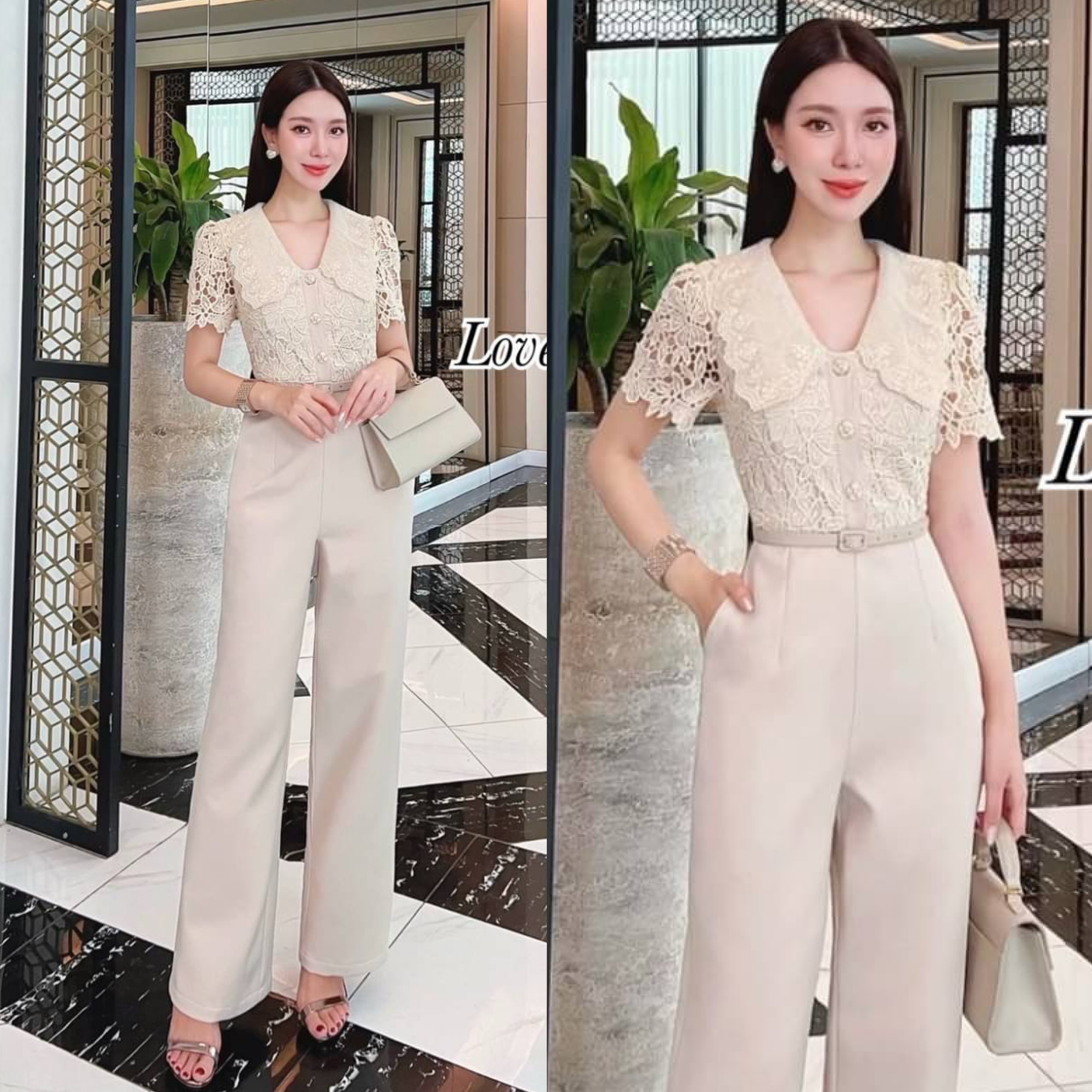 จั้มสูทกางเกงขายาว ผ้าลูกไม้ ดีเทลแขนสั้น แต่งคอปก ใช้ผ้าลูกไม้นุ่มใส่สบายไม่คันค่ะ มีซับในอย่างดี ใส่สบาย : สินค้าคุณภาพ (พร้อมส่ง)