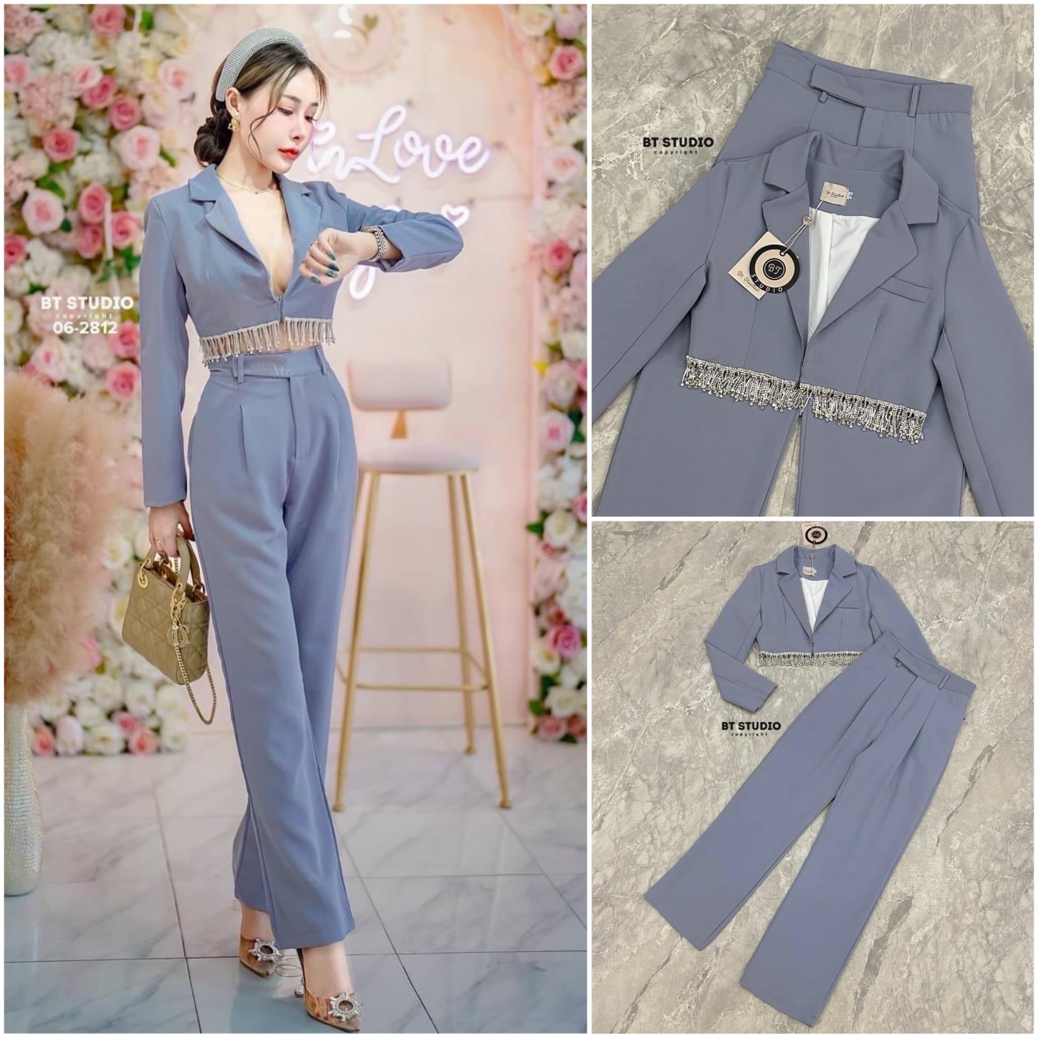 เซท 2 ชิ้น เสื้อเบเซอร์ครอปสั้น แขนยาวคอปก ช่วงชายเสื้อแต่งเพชรเรียงแถวแบบแน่น ๆ แมทช์กับกางเกงขายาว ใส่สบาย สินค้าคุณภาพ (พร้อมส่ง)