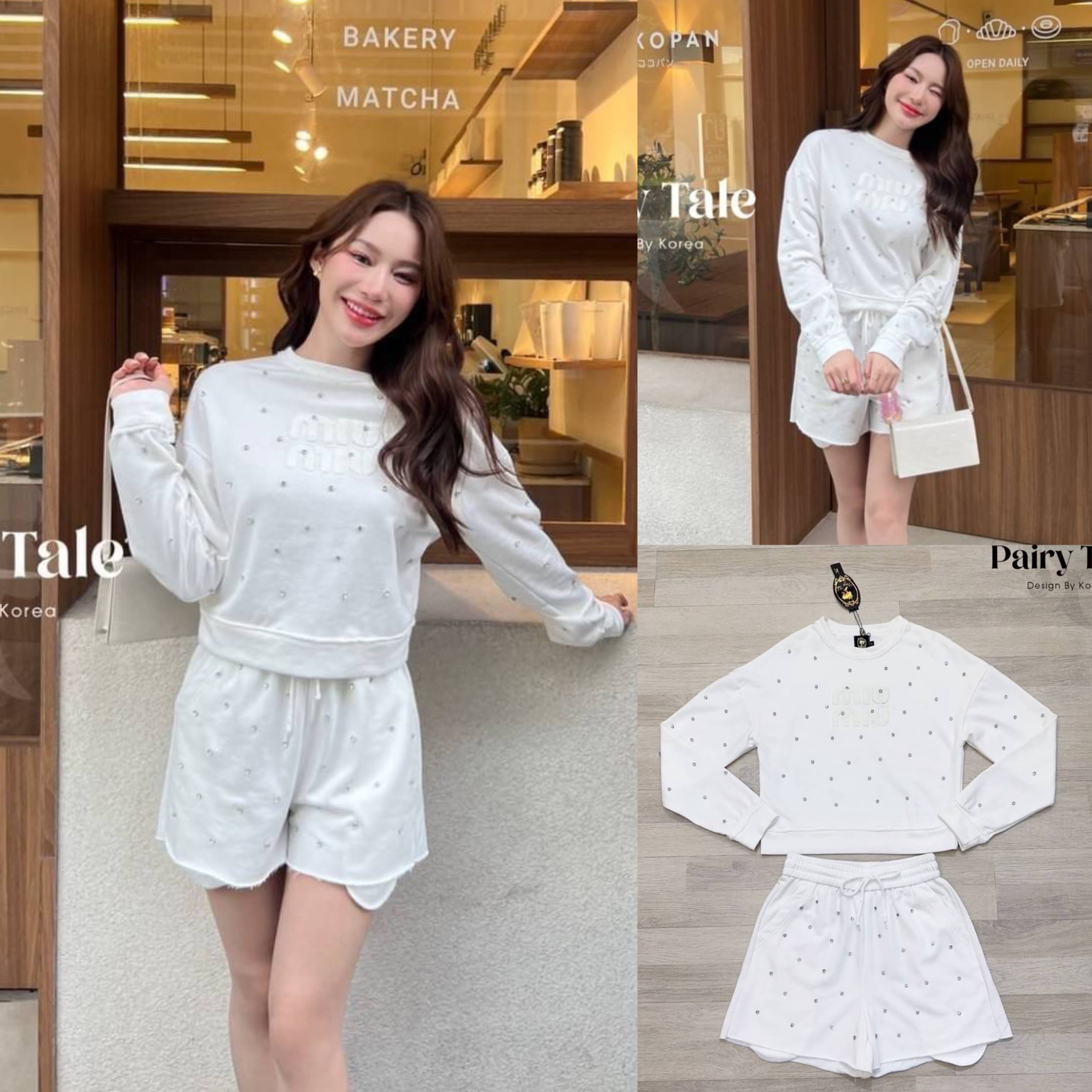 Set เสื้อหนาวแขนยาว แมตกางเกง ขาสั้น ผ้าวอมสีขาวติดเพชรทั้งชุด ติดแบรนด์ Miumiu ขนๆ งานสวยมาก สินค้าคุณภาพ (พร้อมส่ง)