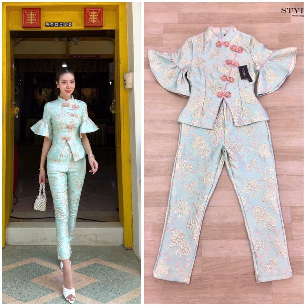 เซต กี่เพ้า เสื้อตรุษจีนแขนสั้นมีริ้วระบาย คอจีน มาพร้อมกางเกงขายาวเข้าชุด ใส่สบาย : สินค้าคุณภาพ (พร้อมส่ง)