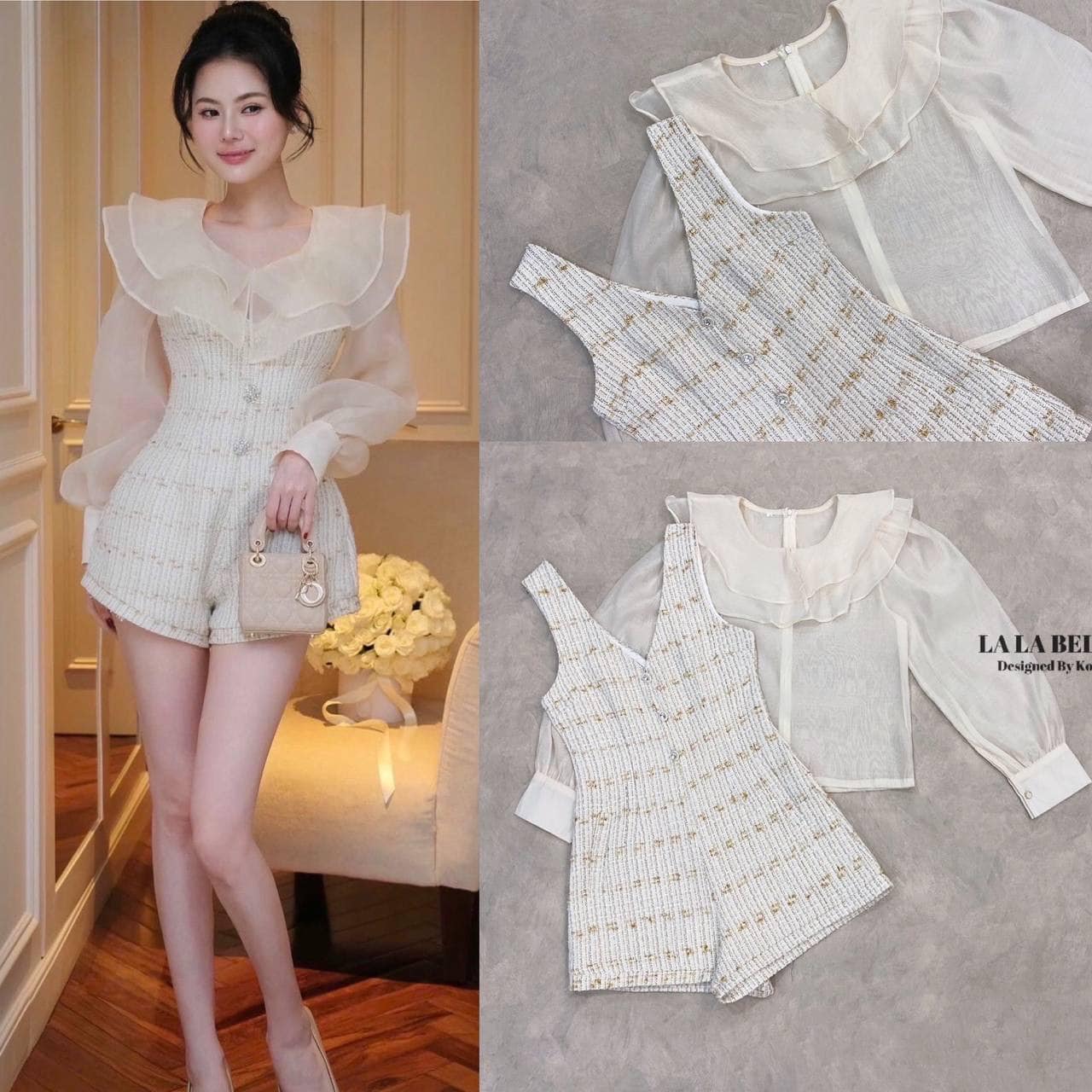 เซต2ชิ้นรุ่นนี้น่ารักกกมากจั้มสูทผ้าทวิตสีละมุมคอสีแขนกุดปลายขาเย็บเบิ้ลทรงกางเกงบาบี้มีซับในอัดกาวอย่างดีน่ารักใส่คู่เสื้อซีทูคอระบาย2ชั้นแขนยาวปลายแขนติดกระดุมซิปหลังอย่างดี ใส่สบาย : สินค้าคุณภาพ (พร้อมส่ง)