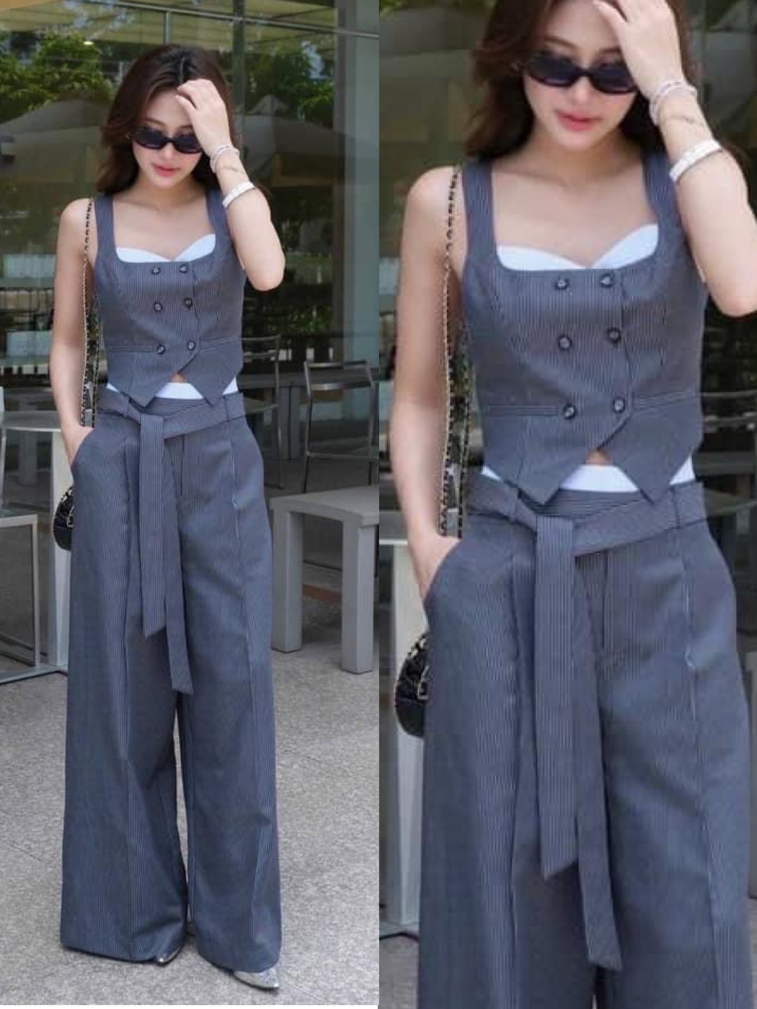 เซต3ชิ้นรุ่นนี้ผ้าดีสุดเสื้อกักรุ่นใหม่แขนกุด กระดุมหน้าใส่คู่กางเกงขายาวทรงสวยตีเกล็ดหน้า ทำให้ดูสูงมีซับในอัดกาวมาพร้อมเชือกผูกโบว์ ใส่สบาย : สินค้าคุณภาพ (พร้อมส่ง)