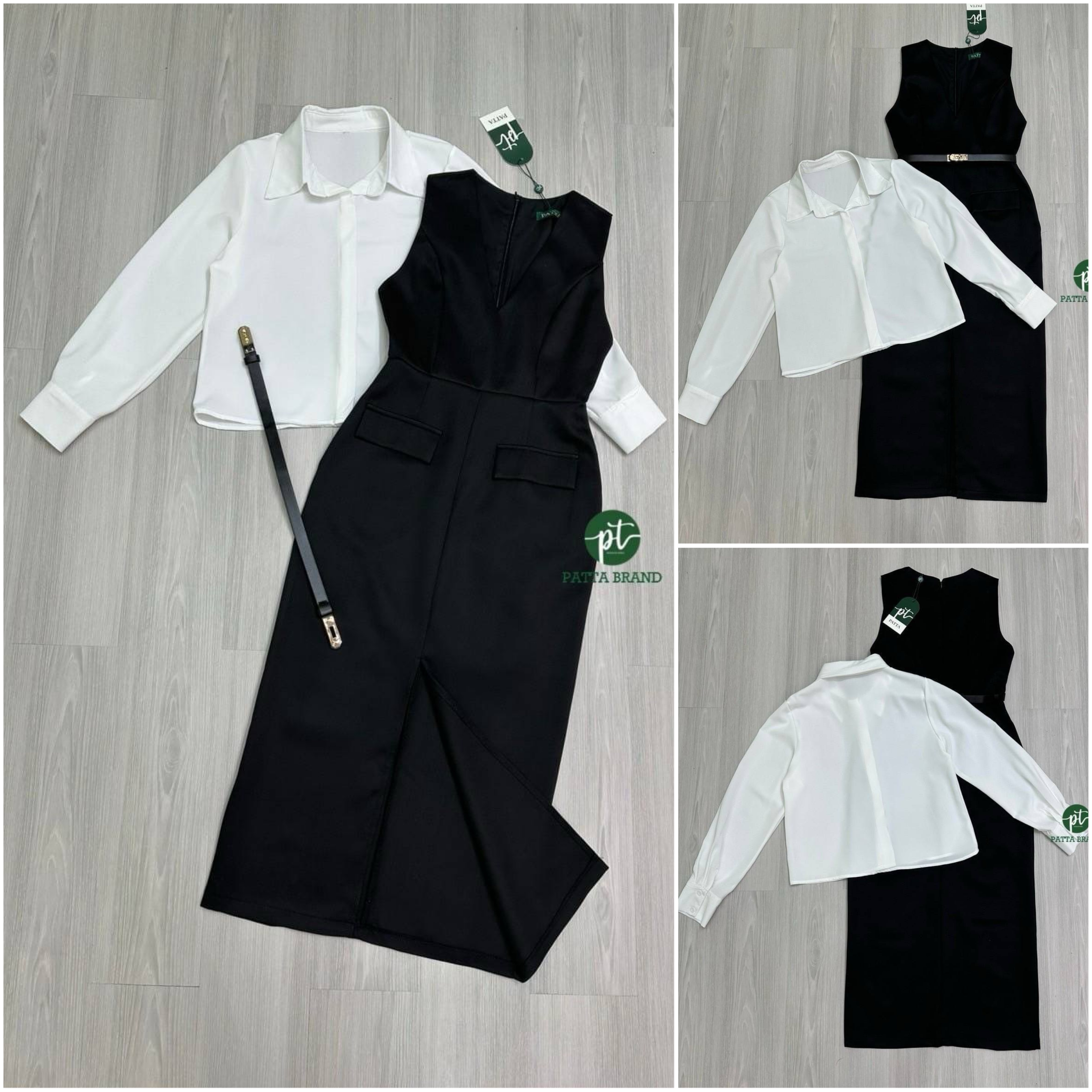 Set 2 ชิ้น เสื้อเชิ้ตสีขาวแขนยาวทรพอดีตัวมีกระดุมด้านหน้าใช้งานได้จริง มาพร้อมกับเดรสยาวสีดำคอวีลึกแขนกุดทรงพอดีตัว +เข็มขัด ใส่สบาย : สินค้าคุณภาพ (พร้อมส่ง)