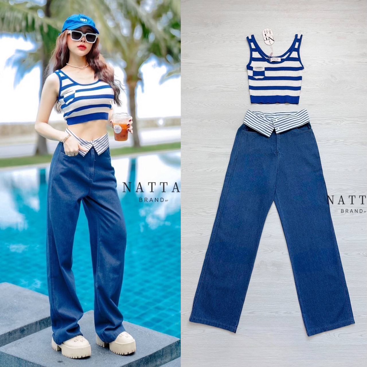 ชุด Set เสื้อแขนกุดผ้าร่องนิ่มยืดใส่สบายมีกระเป๋าด้านหน้า มาพร้อมกางเกงยีนส์เอวสูงขายาว ใส่สบาย สินค้าคุณภาพ (พร้อมส่ง)