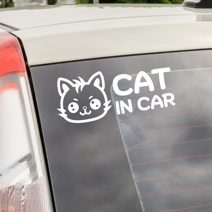 สติ๊กเกอร์ Cat in Car ในรถมีแมว PVC OUTDOOR กันน้ำ ไดคัทสีขาว น่ารัก