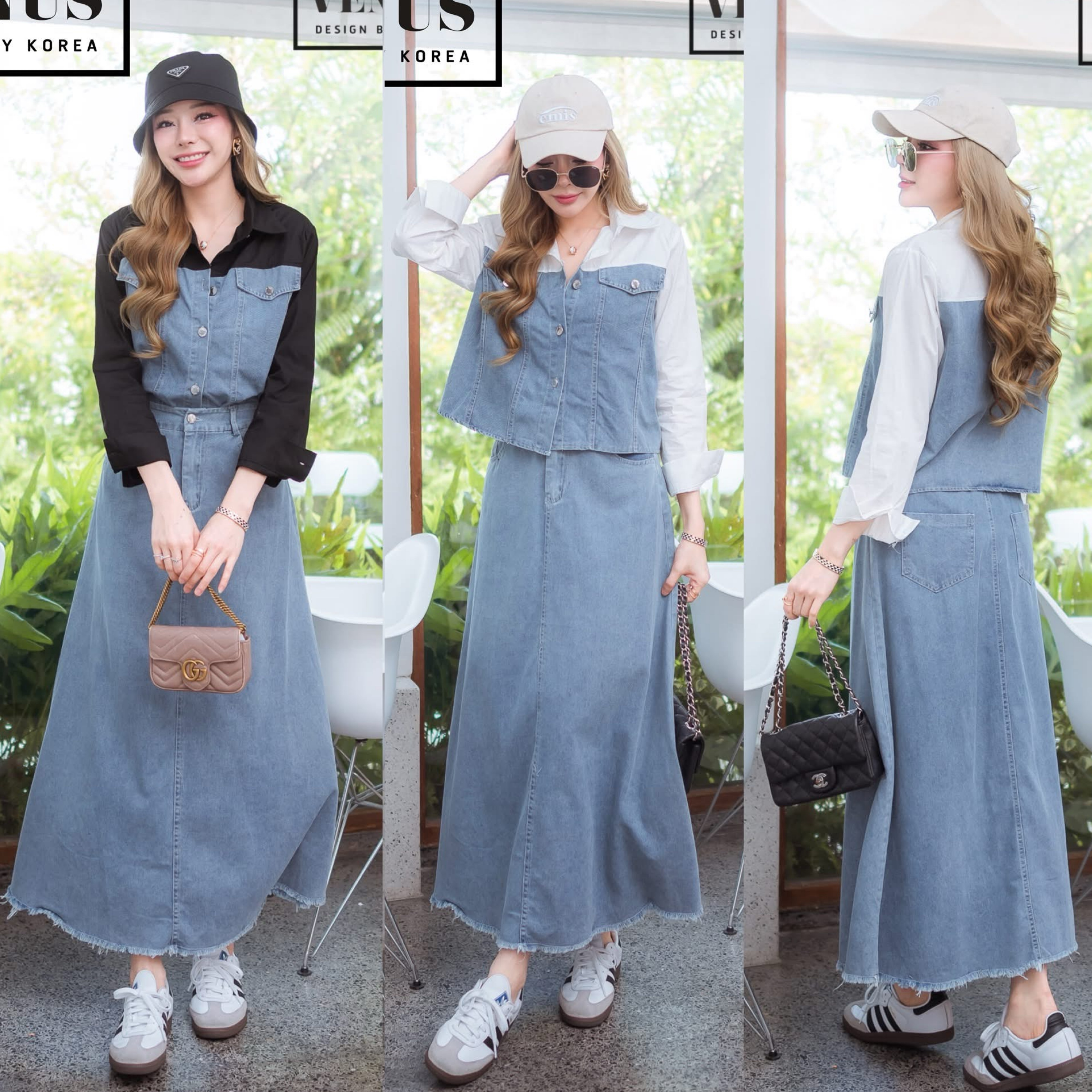 ชุดเซตผ้ายีนเนื้อดี ตัวเสื้อแต่งผ้าเชิ๊ต งานมาพร้อมกระโปรงเข้าชุดกัน ใส่สบาย : สินค้าคุณภาพ (พร้อมส่ง)