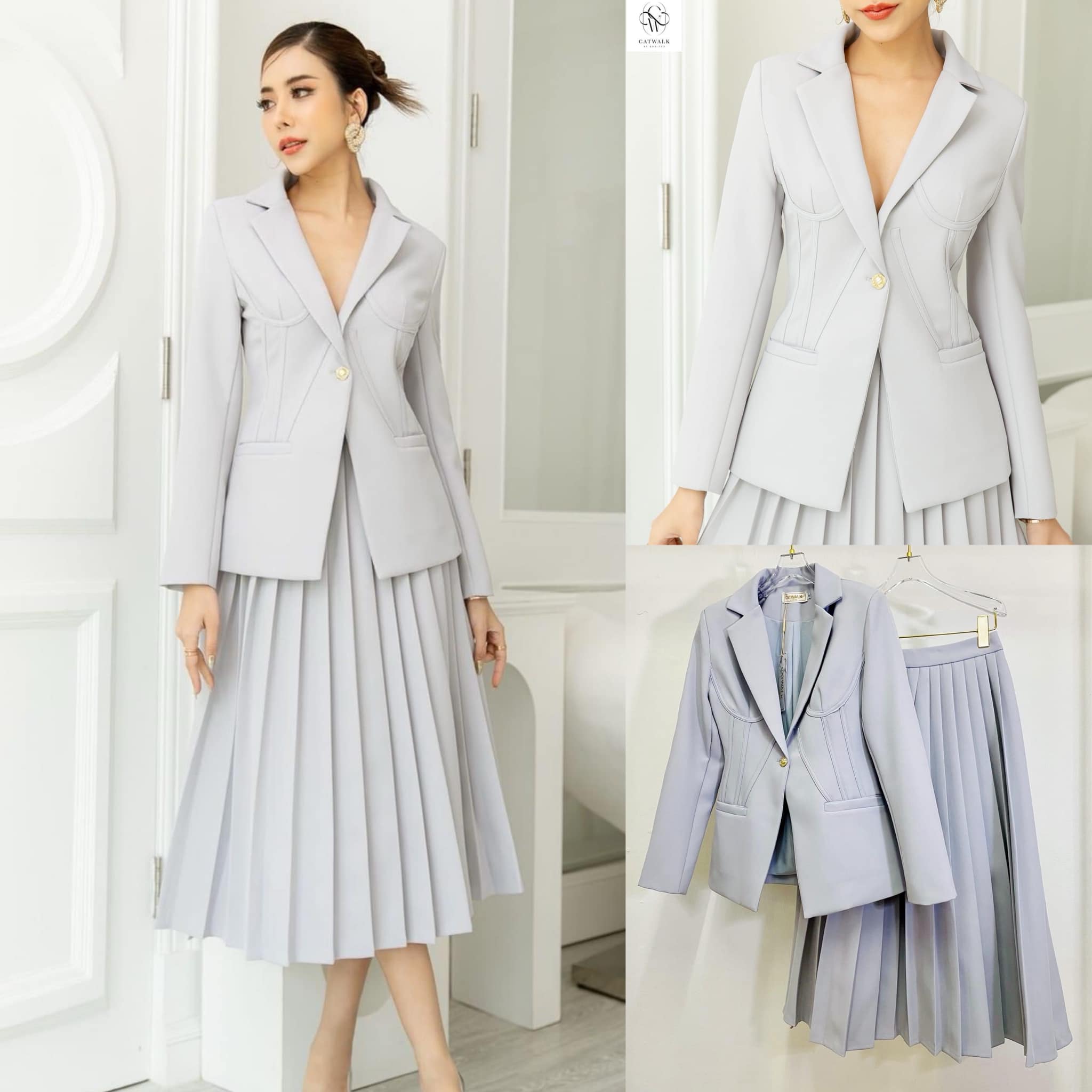 เซตBLAZER +กระโปรงจับจีบรอบ เนื้อผ้าเกรดเอ ตัวBLAZERเป็นทรง ข้ารูป มีกระเป๋า 2 ข้างใช้งาน ได้จริง มาคู่กับกระโปรงจีบจีบรอบตัว ใส่สบาย สินค้าคุณภาพ (พร้อมส่ง)