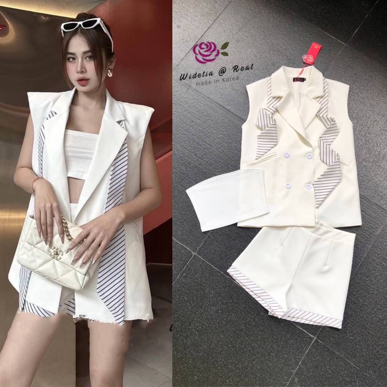 Set :: เซ็ท 3 ชิ้น ตัวสวยทรงดี เสื้อทรงสูทแขนกุดตัวสวย แพทเทิ้ลสวยเป๊ะ มาเข้าชุดชิ้นในกับเกาะอก พร้อมแถบผ้าคล้องคอเก๋ ท่อนล่างกางเกงขาสั้นทรงสวย สินค้าคุณภาพ (พร้อมส่ง)