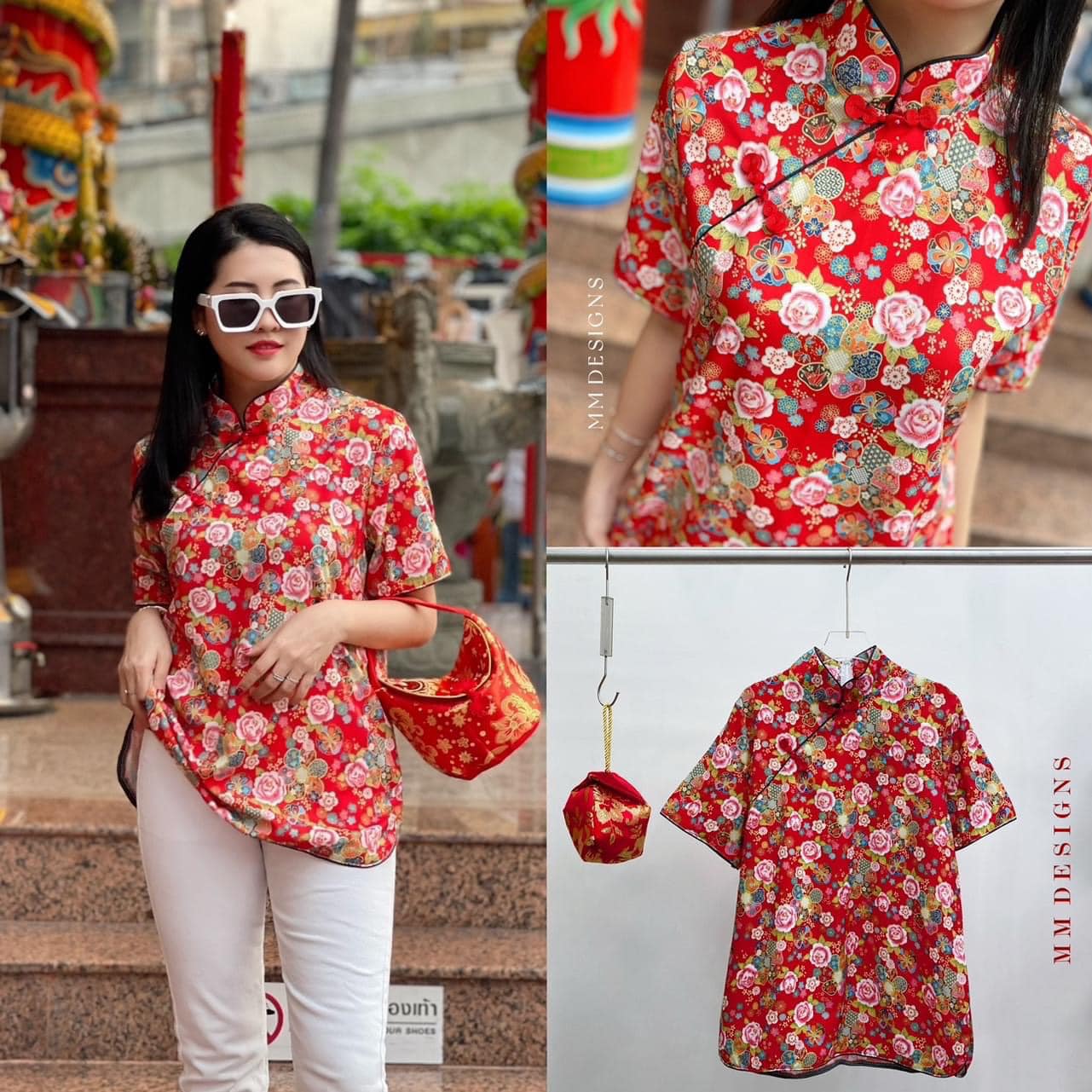 เสื้อกี่เพ้า คอจีนแขนสั้น กุ้นขอบทั้งตัว ตัวเสื้อพิมพ์ลายดอกไม้สวยมาก ใส่สบาย : สินค้าคุณภาพ (พร้อมส่ง)