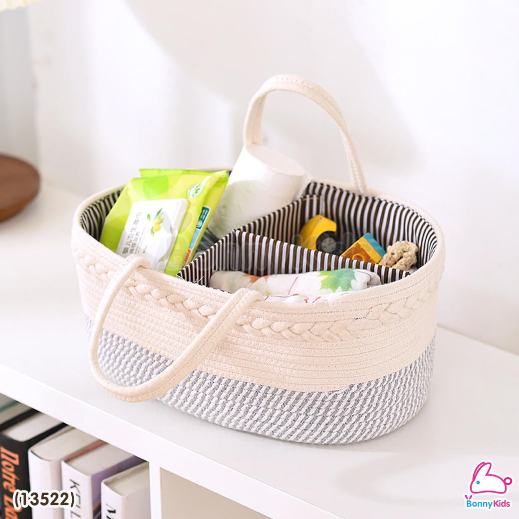 (13522) ตะกร้าผ้าถักเชือก ตะกร้าปิคนิคใส่สัมภาระแบ่งช่องได้