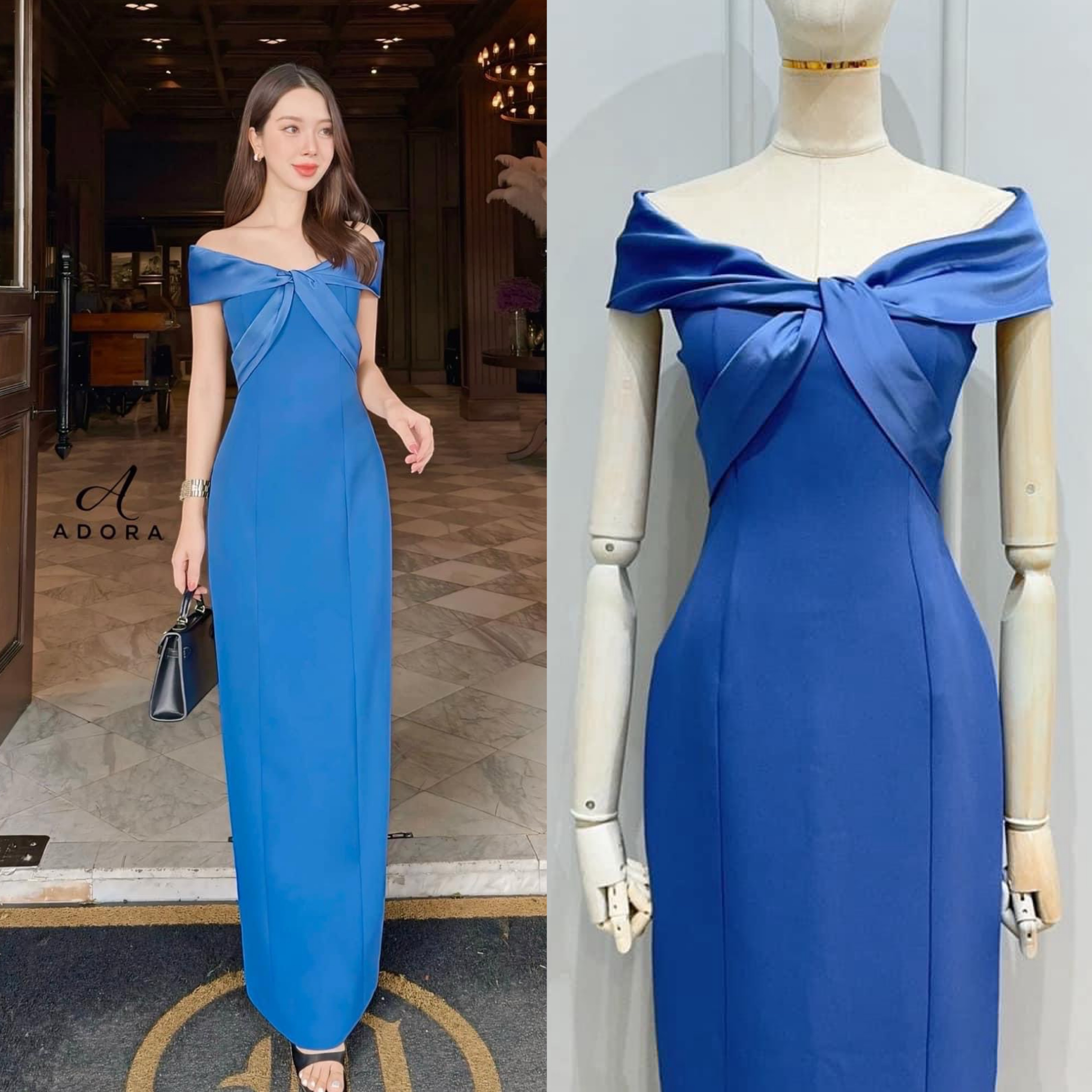 เดรสปาดไหล่ช่วงอกตัดต่อผ้าดีไซน์ไขว้อก เสริมฟองน้ำ ตัวเดรสใช้เนื้อผ้าเกรดพรีเมี่ยมทั้งตัว ดีไซน์กระโปรงทรงสอบยาว ผ่าหลัง งานมีซับใน ใส่สบาย : สินค้าคุณภาพ (พร้อมส่ง)