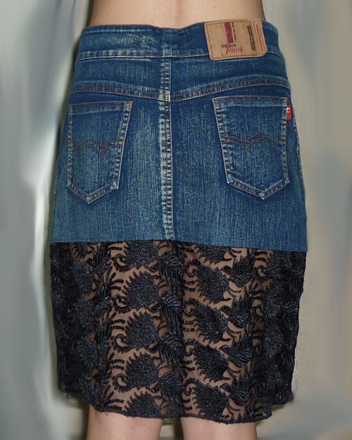 #1กระโปรงยีนส์สั้นต่อผ้าลูกไม้โปร่ง 29.5-36-19