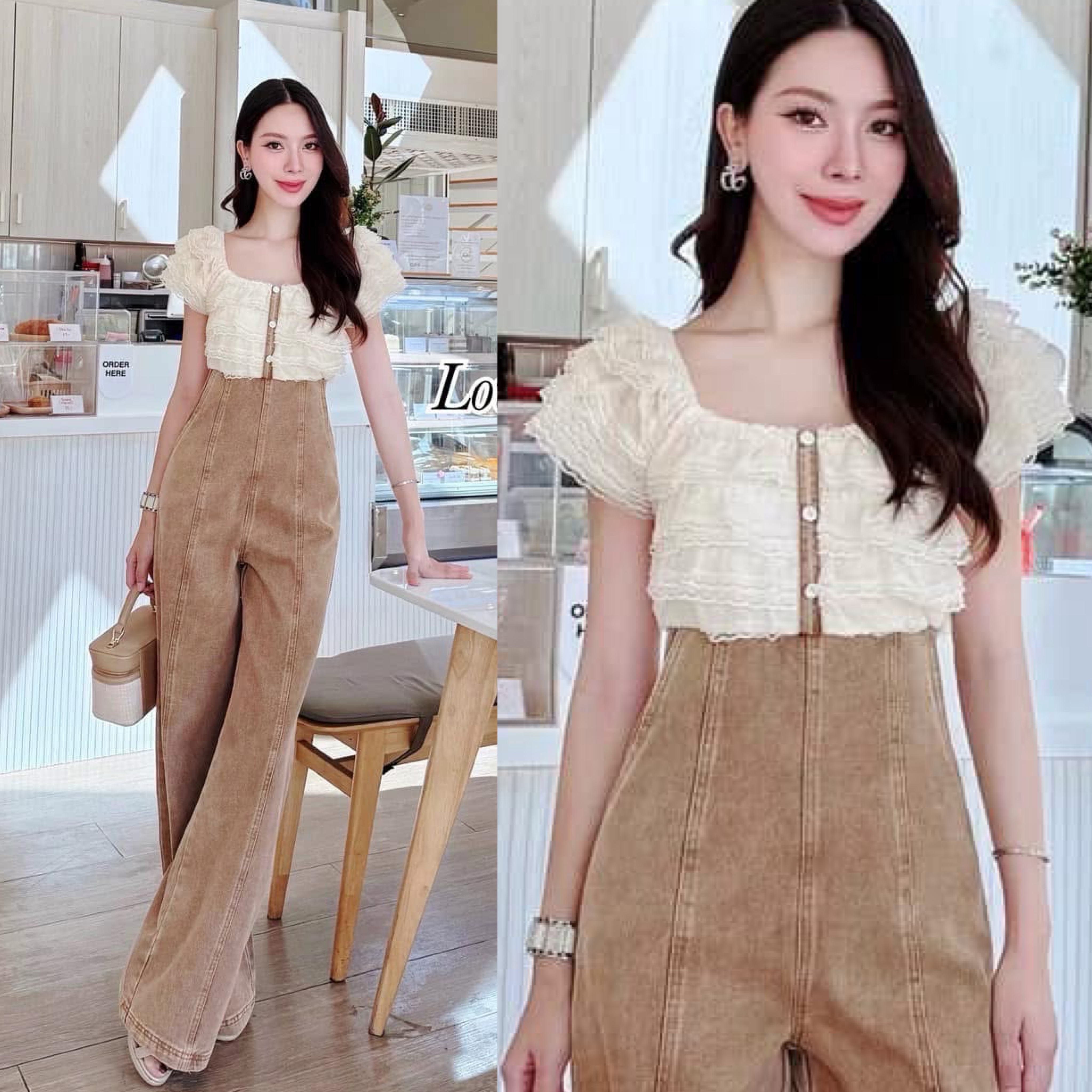 จั้มสูทยีนส์เสื้อลูกไม้ ทรงน่ารักดีเทลช่วงเสื้อใช้ผ้าลูกไม้เย็บระบายแต่งกระดุมเพชรช่วงกางเกงเป็นทรงเอวสูง ใส่แล้วแลดูขายาวหุ่นดี ทรงขากระบอกกลาง ใส่สบาย : สินค้าคุณภาพ (พร้อมส่ง)