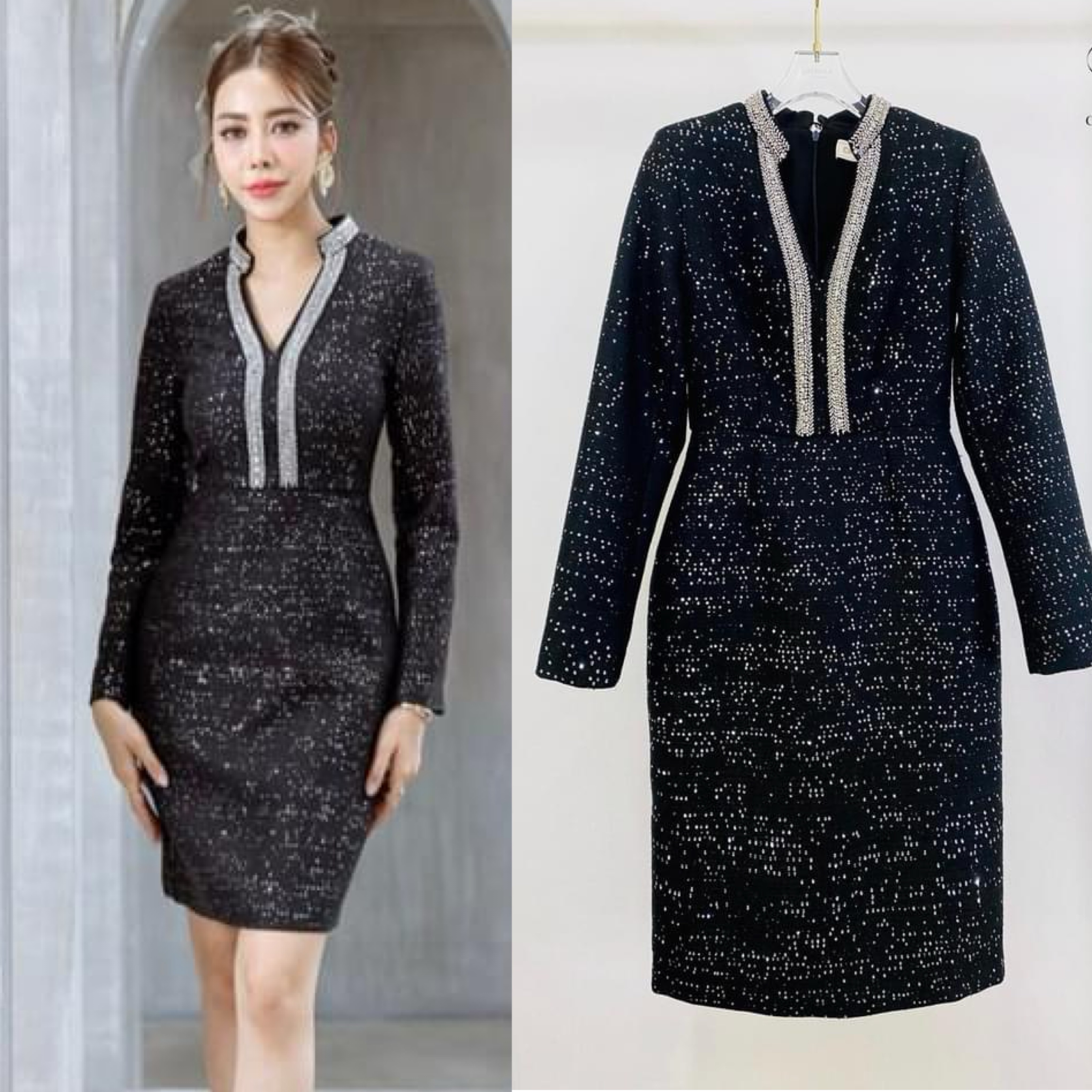 เดรสผ้าทวิต ปักเลื่อมที่เนื้อผ้าทั้งตัว ตัวชุดเป็นทรงเข้ารูป แขน ยาว กระโปรงทรงสอบ ใส่สบาย สินค้าคุณภาพ (พร้อมส่ง)