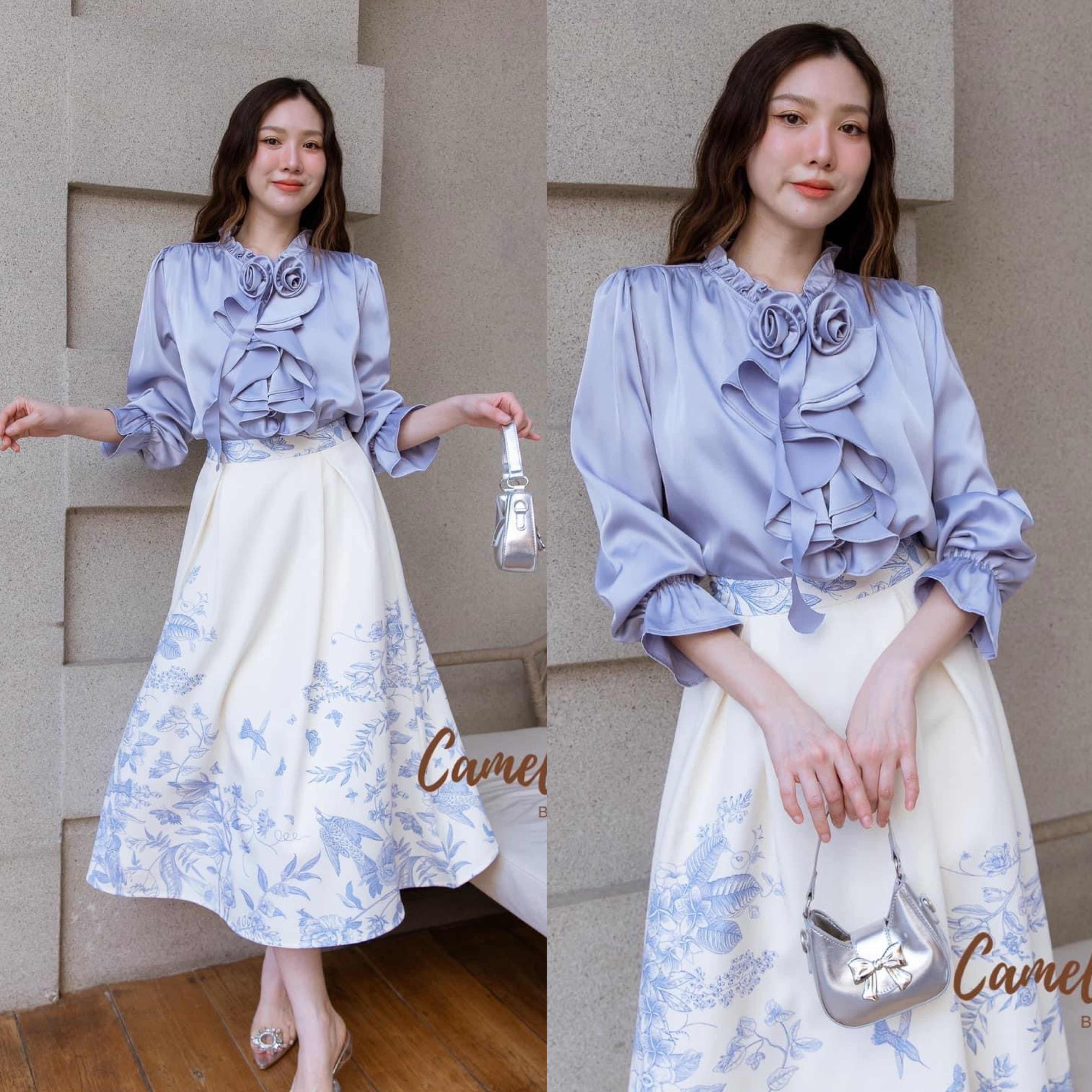 ชุดSet เสื้อเชิ๊ตคอระบายๆ แต่งดอกไม้ สวยหรูดูแพงใส่แยกชิ้นก็ได้คุ้มมากคะ มาพร้อมกระโปรงเอวสูงผ้าพิมลายตามแบบฉบับ ใส่สบาย : สินค้าคุณภาพ (พร้อมส่ง)