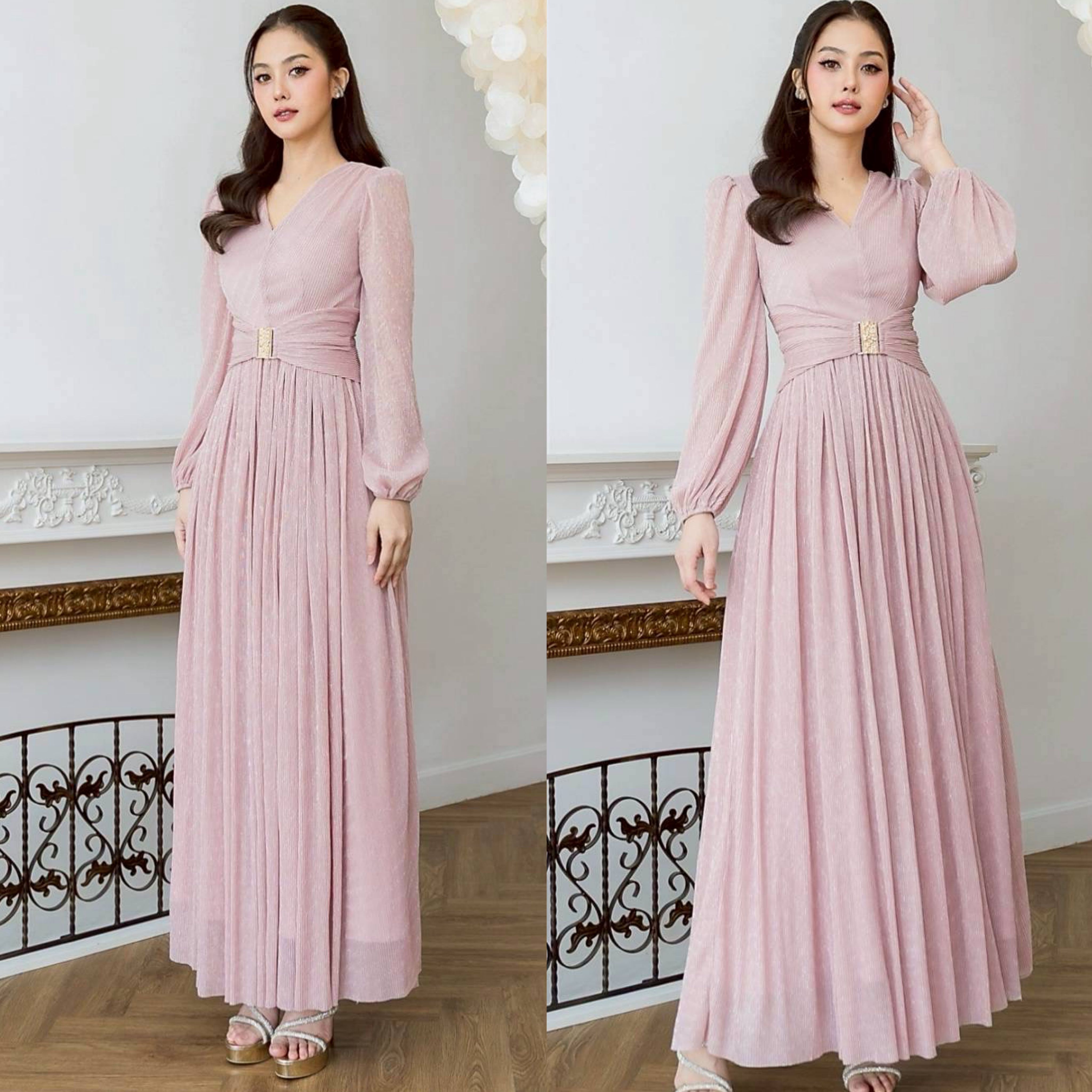 แม็กซี่เดรสเสื้อคอวีแขนยาว กระโปรงจีบรูดรอบตัว ☑️ดีเทลมีผ้าคาดเอว แต่งด้วยหัวเข็มขัดเพชรสีทอง ใส่สบาย : สินค้าคุณภาพ (พร้อมส่ง)