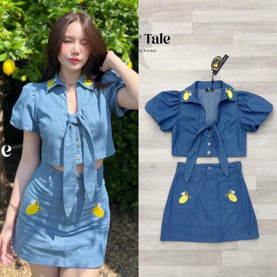 Set ยีนเลม่อน (มะนาว) เสื้อแขนพองกระดุมหน้า แต่งโบว์ด้านหน้า แมตกระโปรงแต่งกระเป๋าหน้า ปักเมล่อน (ซับในเป็นกางเกง) ใส่สบาย : สินค้าคุณภาพ (พร้อมส่ง) .