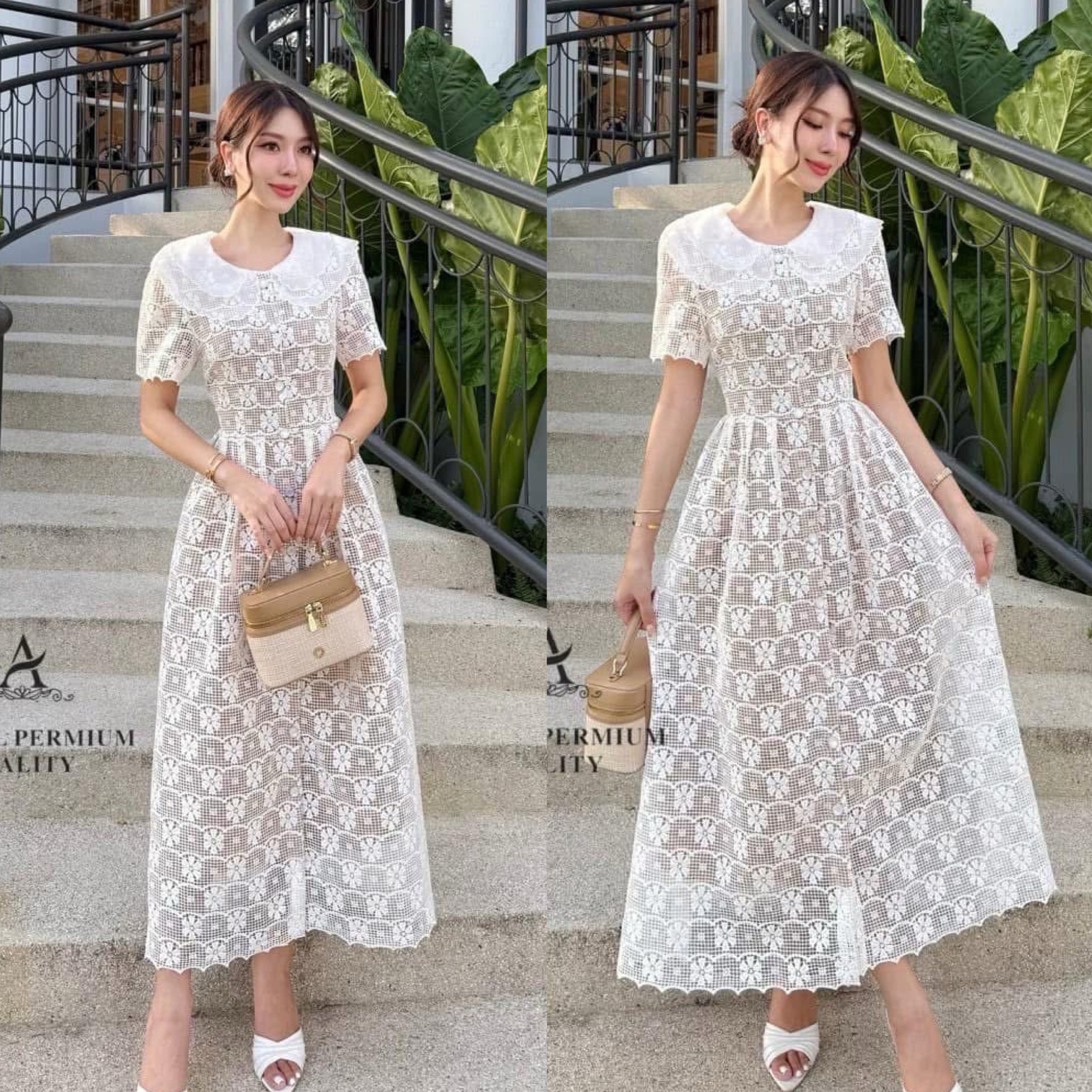 เดรสยาวผ้าลูกไม้ฉลุเกรดพรีเมียม ช่วงคอแต่งระบาย2ชั้น ซับในสีเนื้อผ้าหนาอย่างดี งานกระดุมหน้าเพื่อให้ง่ายต่อการสวมใส่ ทรงสวย ใส่สบาย : สินค้าคุณภาพ (พร้อมส่ง)