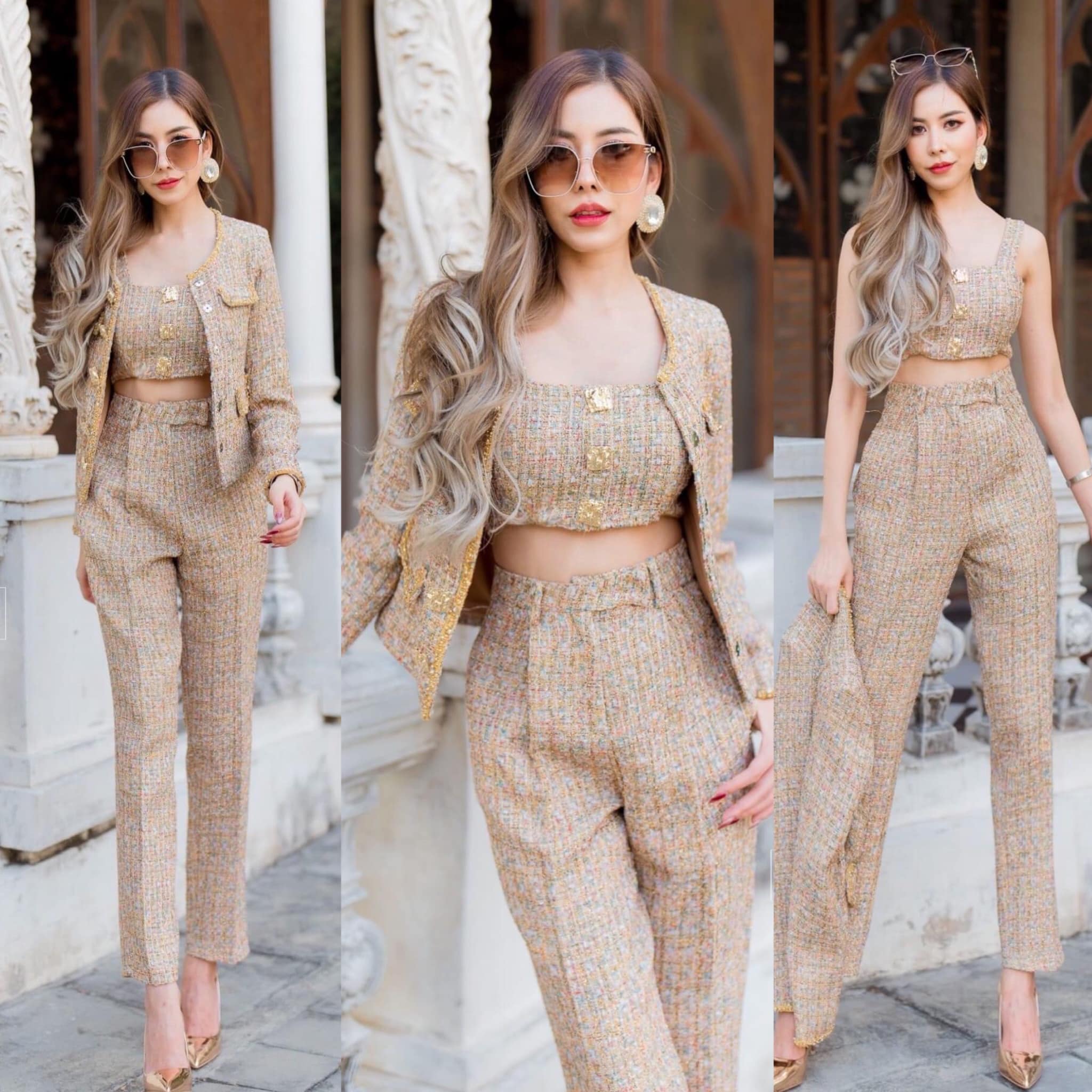 เซตผ้าทวีต 3 ชิ้น เสื้อครอป+เสื้อคลุม+ กางเกง เนื้อผ้าทวีตเกรดเอ สินค้าคุณภาพ (พร้อมส่ง)