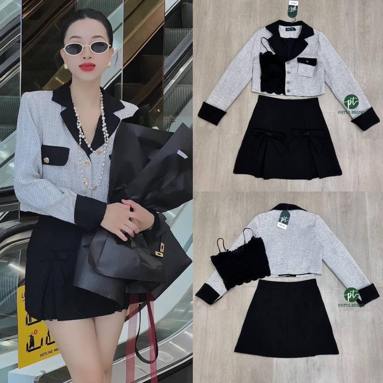 set3ชิ้น เสื้อคลุมแขนยาว มีกระดุมหน้าใช้งานได้จริง +เสื้อครอปลูกไม้สีดำตัวใน อกเสริมฟองน้ำให้ทรงสวยผ้ายืดได้ตามตัว(สวมหัว) +กระโปรงสั้นสีดำ ใส่สบาย สินค้าคุณภาพ (พร้อมส่ง)