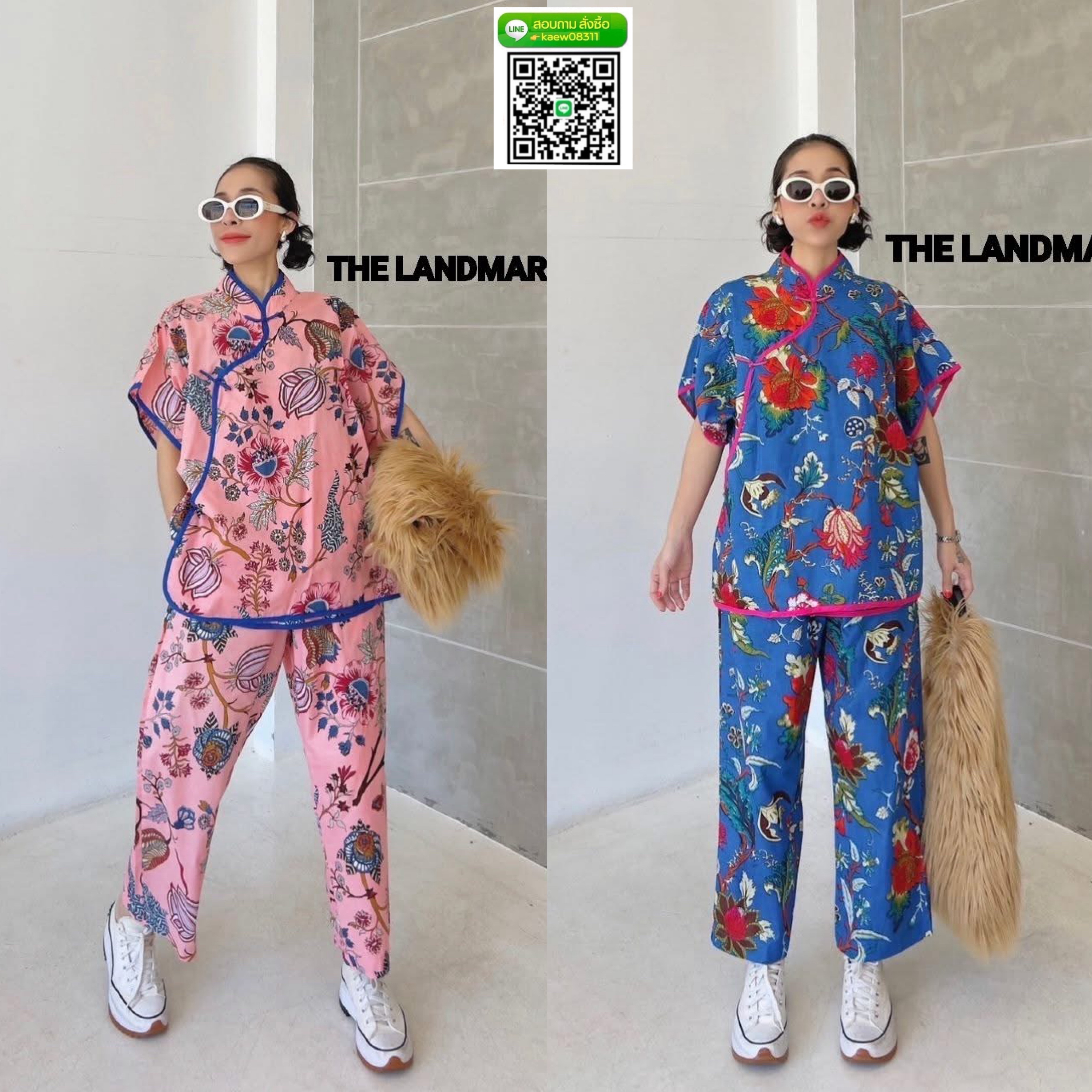 กี่เพ้า ชุดเซ็ทผ้าบล็อคคอทตอลอินเดีย เสื้อดีไซน์คอจีน กระดุมป้ายข้างกุ๊นขอบ กางเกงเอวสม็อค มีกระเป๋าล้วง ใส่สบาย : สินค้าคุณภาพ (พร้อมส่ง)