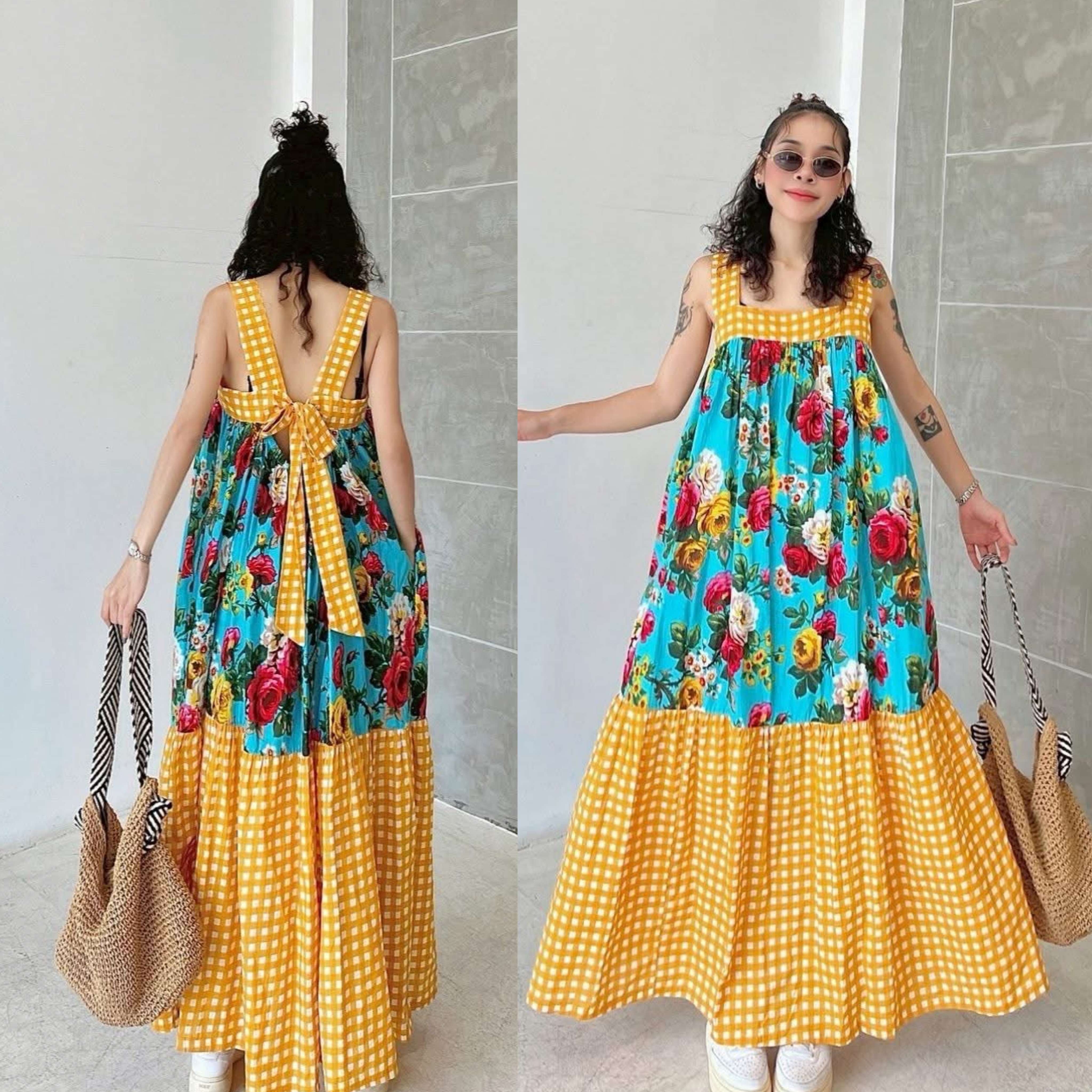 เอี๊ยมกระโปรง ผ้าบล็อคคอทตอลอินเดีย ดีไซน์ผูกโบว์หลัง ระบายชายตัดต่อลาย งานมีสม็อคหลัง+กระเป๋าล้วง ใส่สบาย : สินค้าคุณภาพ (พร้อมส่ง)