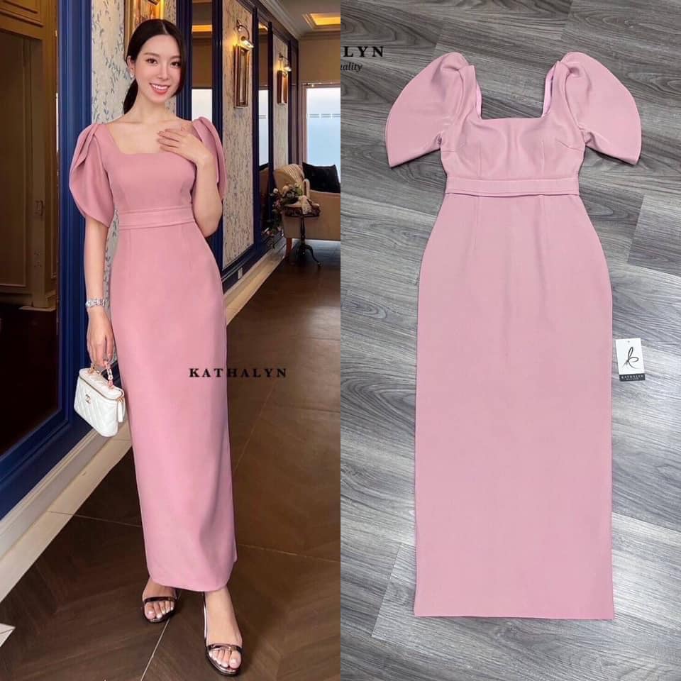 เดรสกระโปรงยาว แขนแต่ง ทรงดอกทิวลิปพองเล็กน้อย ทรงพอดี ตัวใส่กำลังสวย ใส่สบาย สินค้าคุณภาพ (พร้อมส่ง)