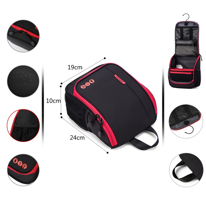 Bagsmart กระเป๋าใส่อุปกรณ์อาบน้ำ คุณภาพสูง ใส่อุปกรณ์อาบน้ำ แขวนได้ มีช่องใส่ด้านข้างสองด้าน สำหรับเดินทาง ท่องเที่ยว (Black-Red)