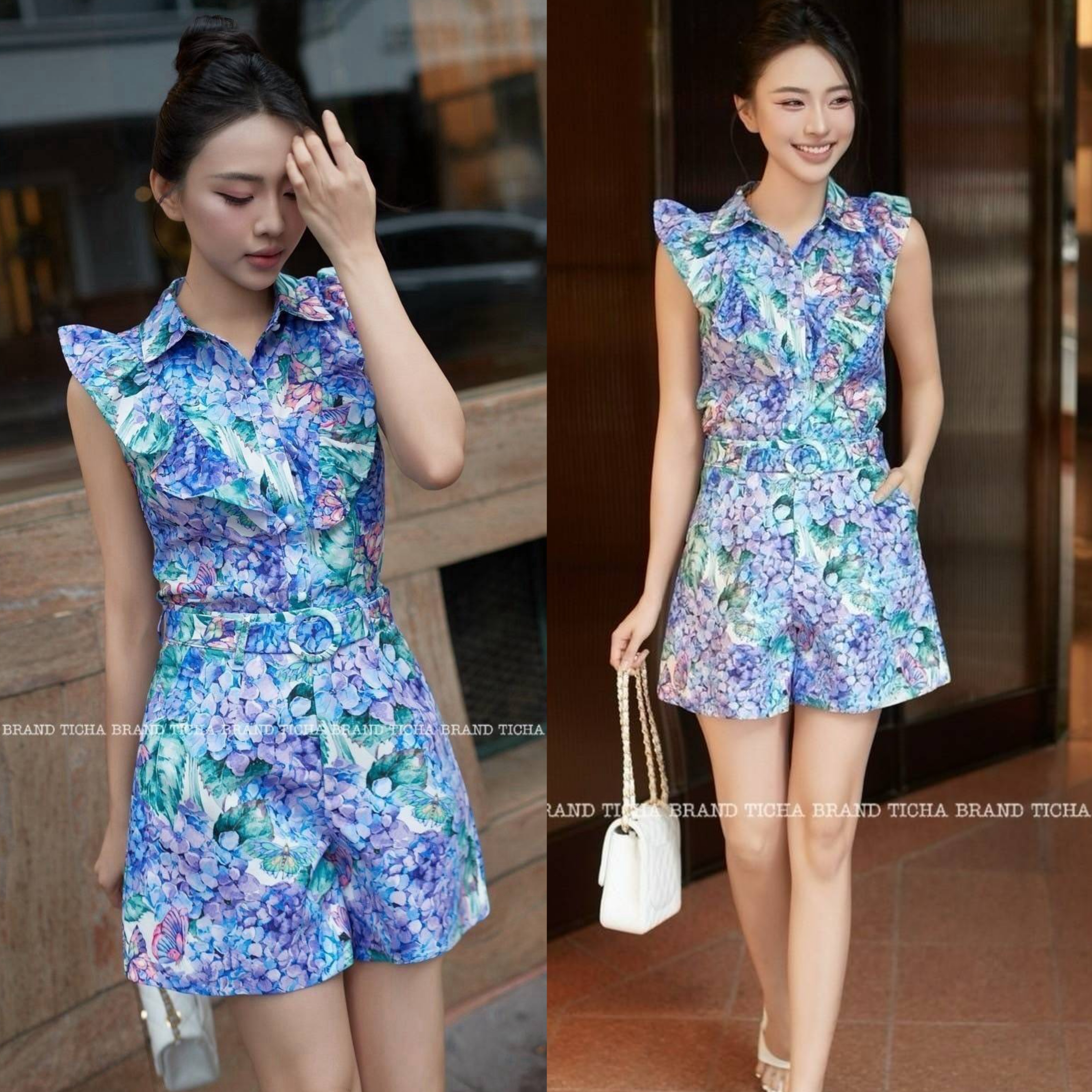 Set 2 ชิ้นพิมพ์ลายโบฮีเมี่ยนสีดำ เสื้อแขนกุดแต่งระบายไหล่ ด้านหน้าแต่งกระดุม ใช้งานได้จริง ผ้าพริ้วใส่สบายใส่แม๊ททับใส่สวยเก๋ +กางเกงขาสั้น : สินค้าคุณภาพ (พร้อมส่ง)