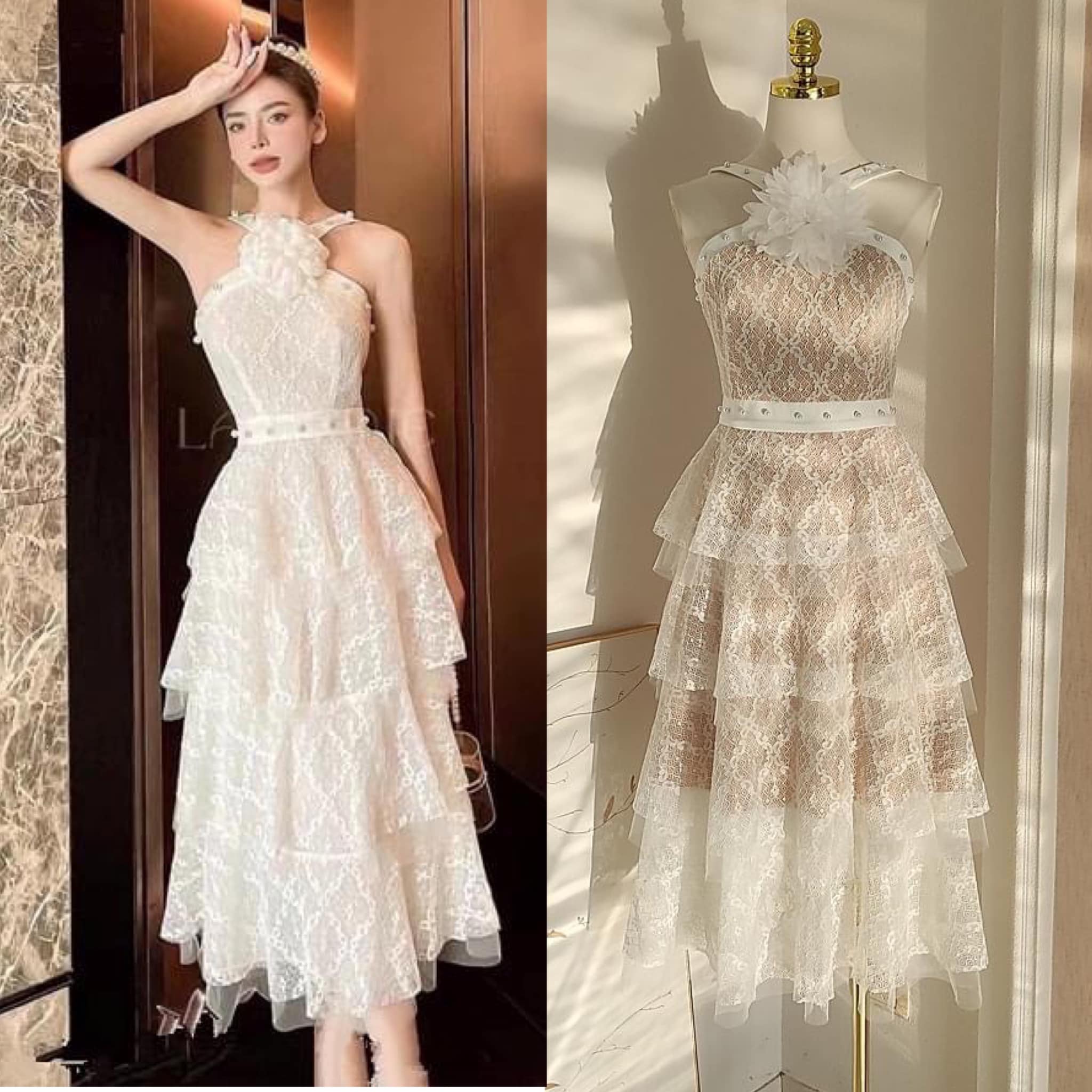 เดรสเสื้อสายเดี่ยวกระโปรงต่อชายระบาย4ชั้น ดีเทลปักลูกปัดมุกที่ตัวเสื้อ ทำจากผ้าลูกไม้ คอตตอนเนื้อนุ่ม ทอลายสวยคมชัด มีซิปซ่อน และซับในเต็มตัวค่ะ สินค้าคุณภาพ (พร้อมส่ง)