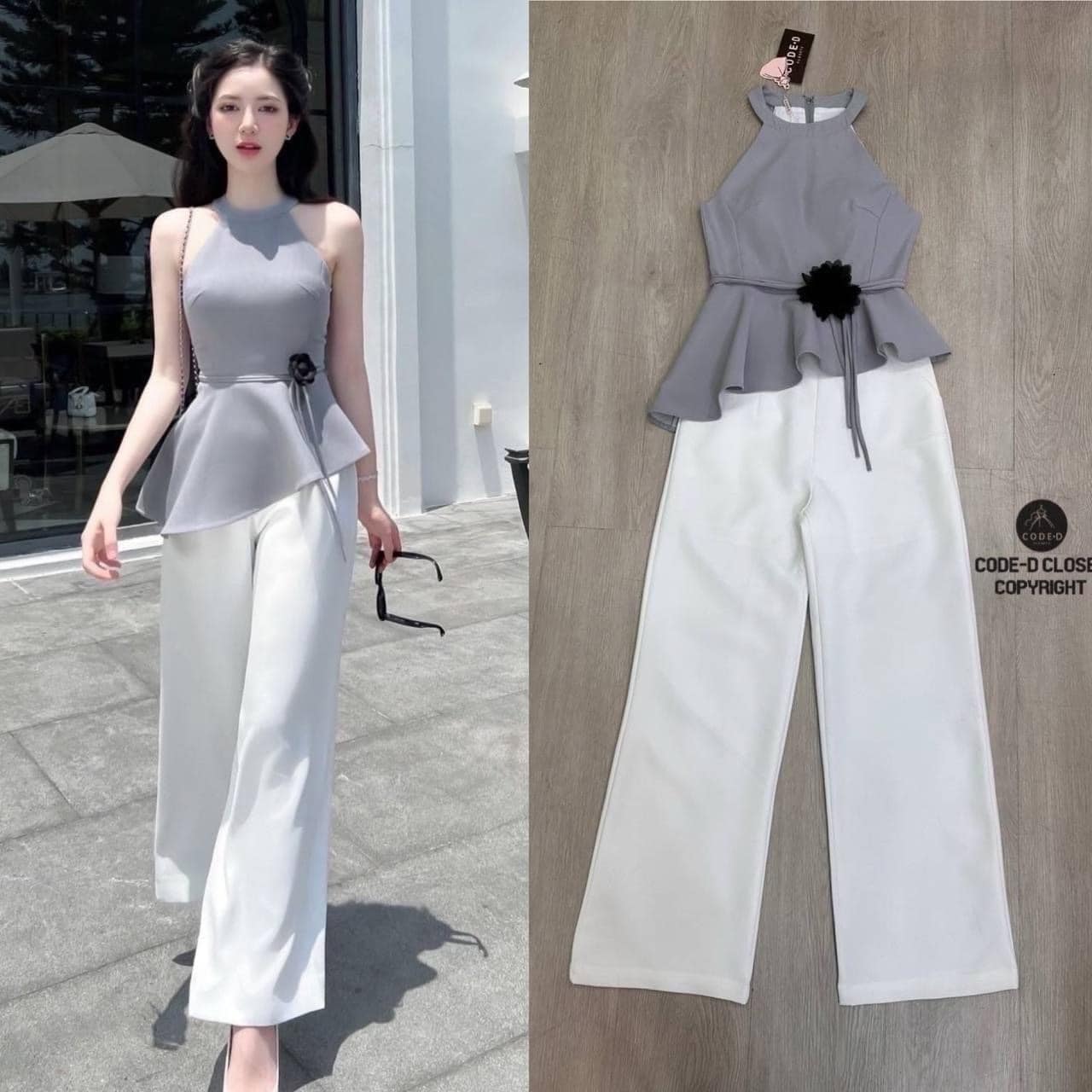 Set 2 ชิ้น เสื้อตัวยาวสีเทาดีไซน์คอกลมแขนกุดเว้าลึก ชายเสื้อระบายเฉียงข้าง ช่วงเอวแต่งสายคาดและอะไหล่ ดอกไม้ +กางเกงเอวสูงสีขาวทรง กระบอก ใส่สบาย สินค้าคุณภาพ (พร้อมส่ง)