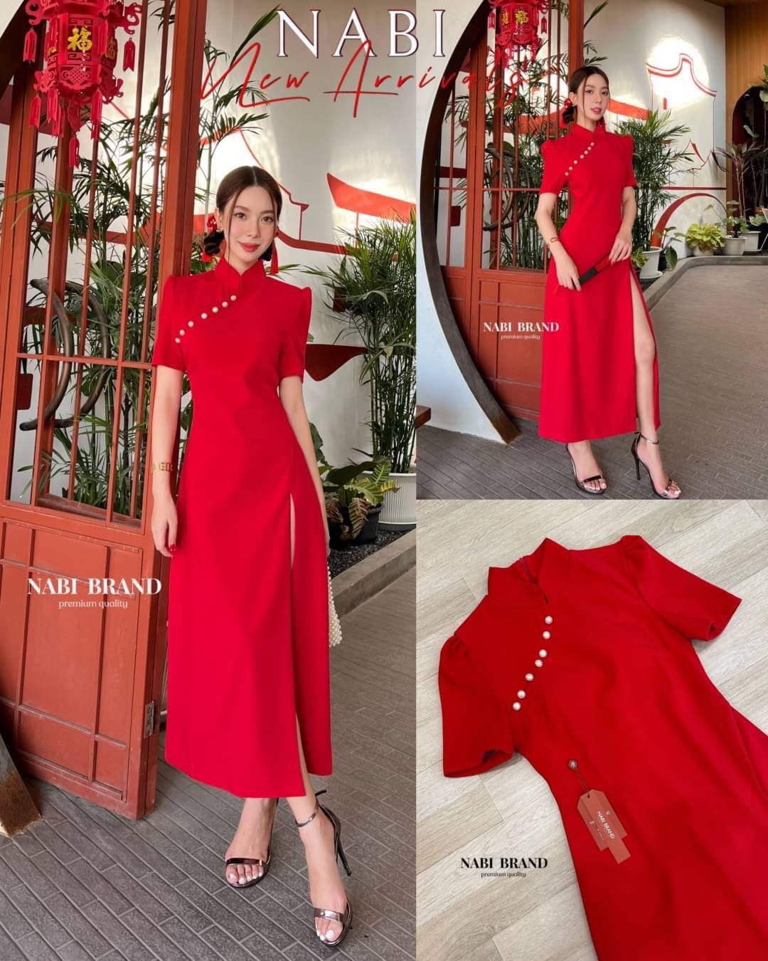 เดรสคอจีน สีแดงแขนสั้น แต่งมุก ผ่าข้าง ใส่สบาย : สินค้าคุณภาพ (พร้อมส่ง)