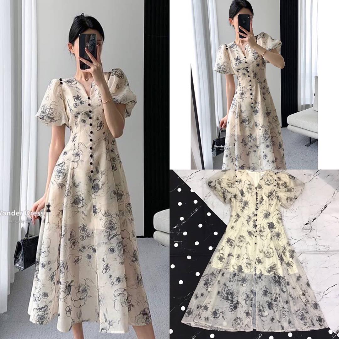 เดรสผ้าใยแก้วพิมพ์ ลายตัวนี้งานสวยมากค่ะ แต่งดีเทลคอวี แต่งกระดุมด้านหน้า ช่วงแขนแต่ง สินค้าคุณภาพ (พร้อมส่ง)