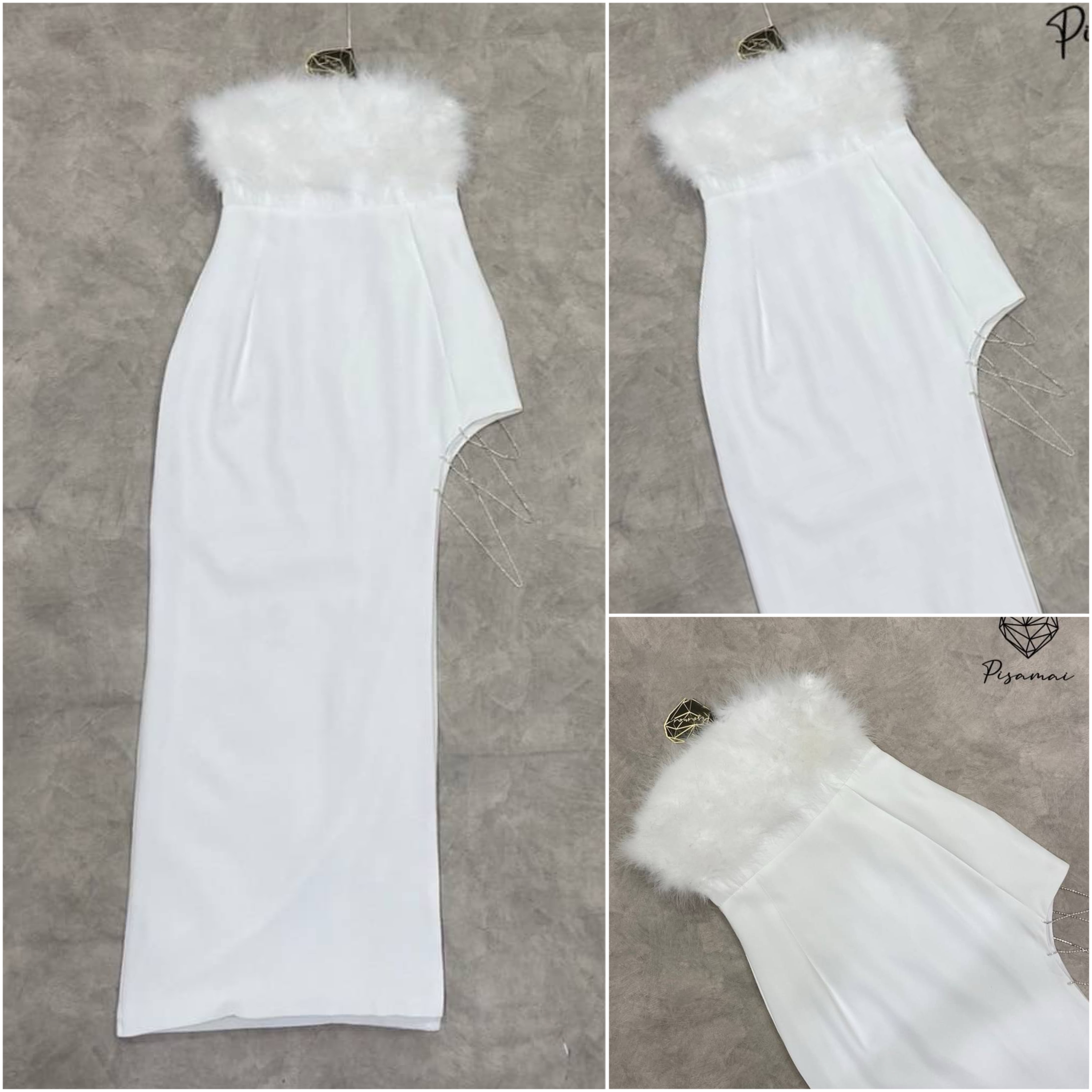 เดรสเกาะอกตัวยาวสีขาว แต่งขนปุยๆแซ่บๆช่วงอก เป็นทรงผ่าหน้ายาวแต่งโซ่วิ้งๆ ใส่สบาย สินค้าคุณภาพ (พร้อมส่ง)