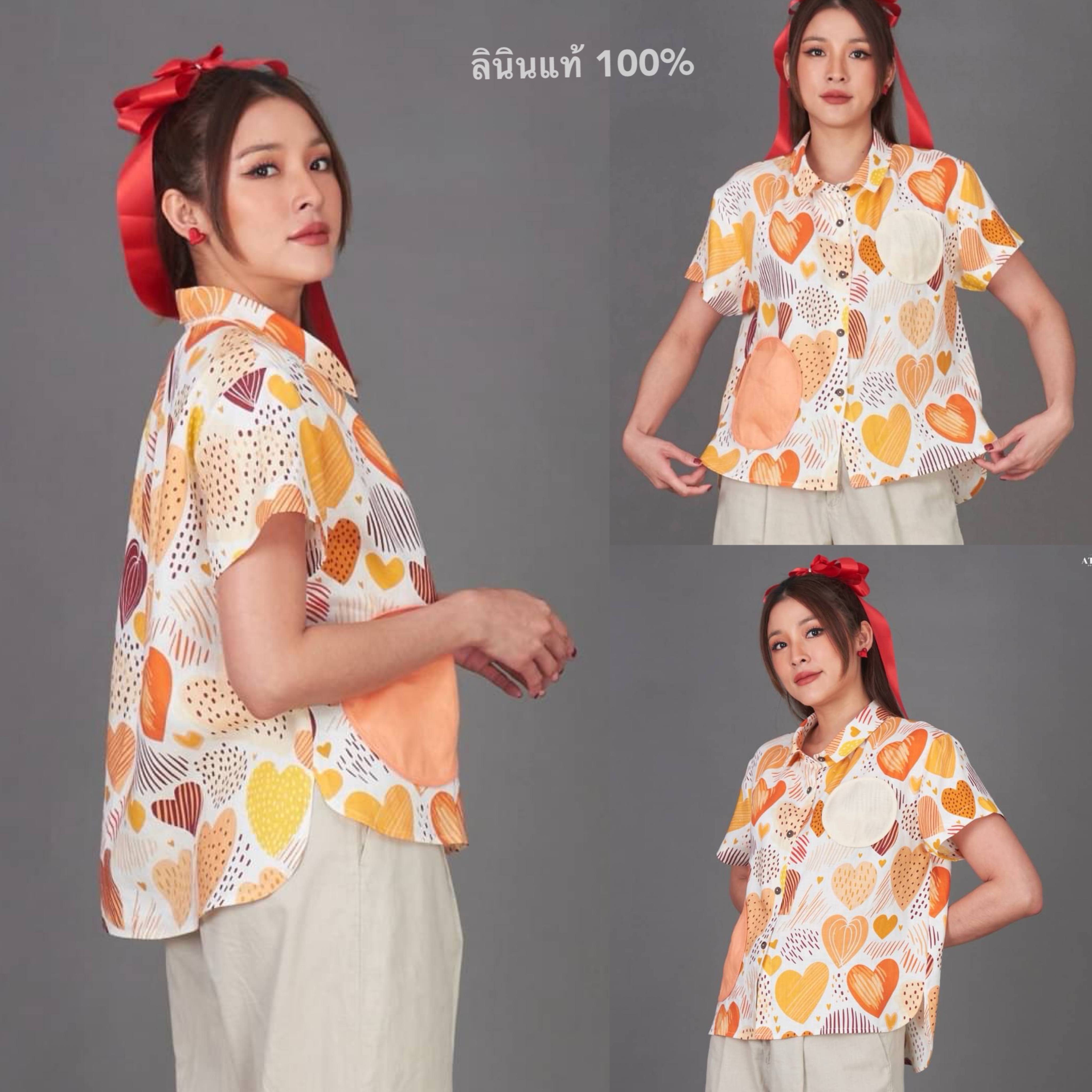 เสื้อเชิ้ต ลินินแท้ 100% ลายกราฟิก พร้อมกระเป๋าทรงกลมสุดเก๋ ใส่สบาย : สินค้าคุณภาพ (พร้อมส่ง)