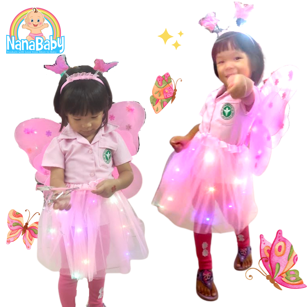 ปีกนางฟ้า ปีกเจ้าหญิง ปีกผีเสื้อเด็ก ปีกเด็ก แฟนซี ชุดตกแต่งผีเสื้อมีไฟ [Set ปีกผีเสื้อ+กระโปรง+ที่คาดผม+ไม้คฑา]